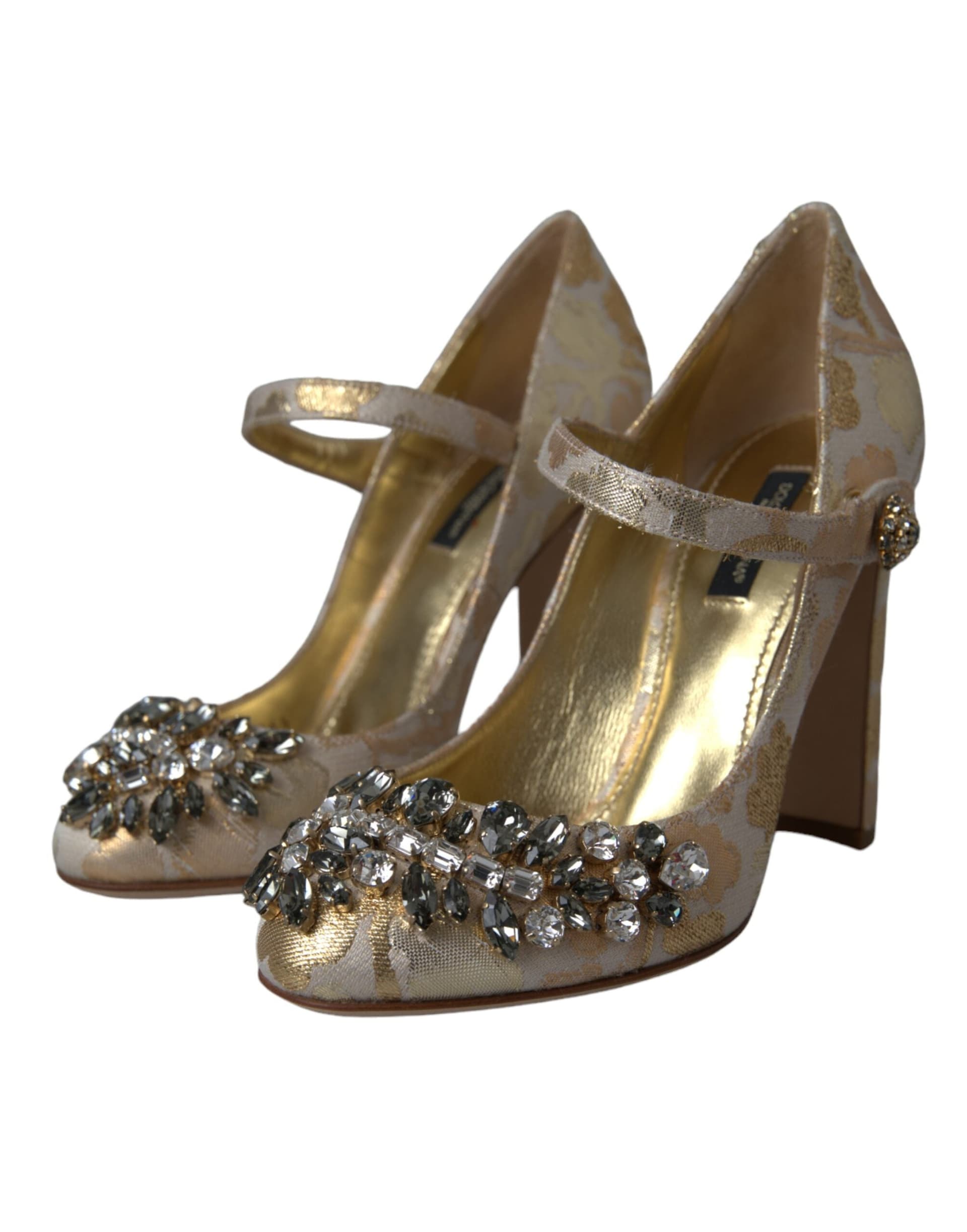 Dolce & Gabbana Gold Jacquard Crystal Mary Janes Pumps Shoes - 3