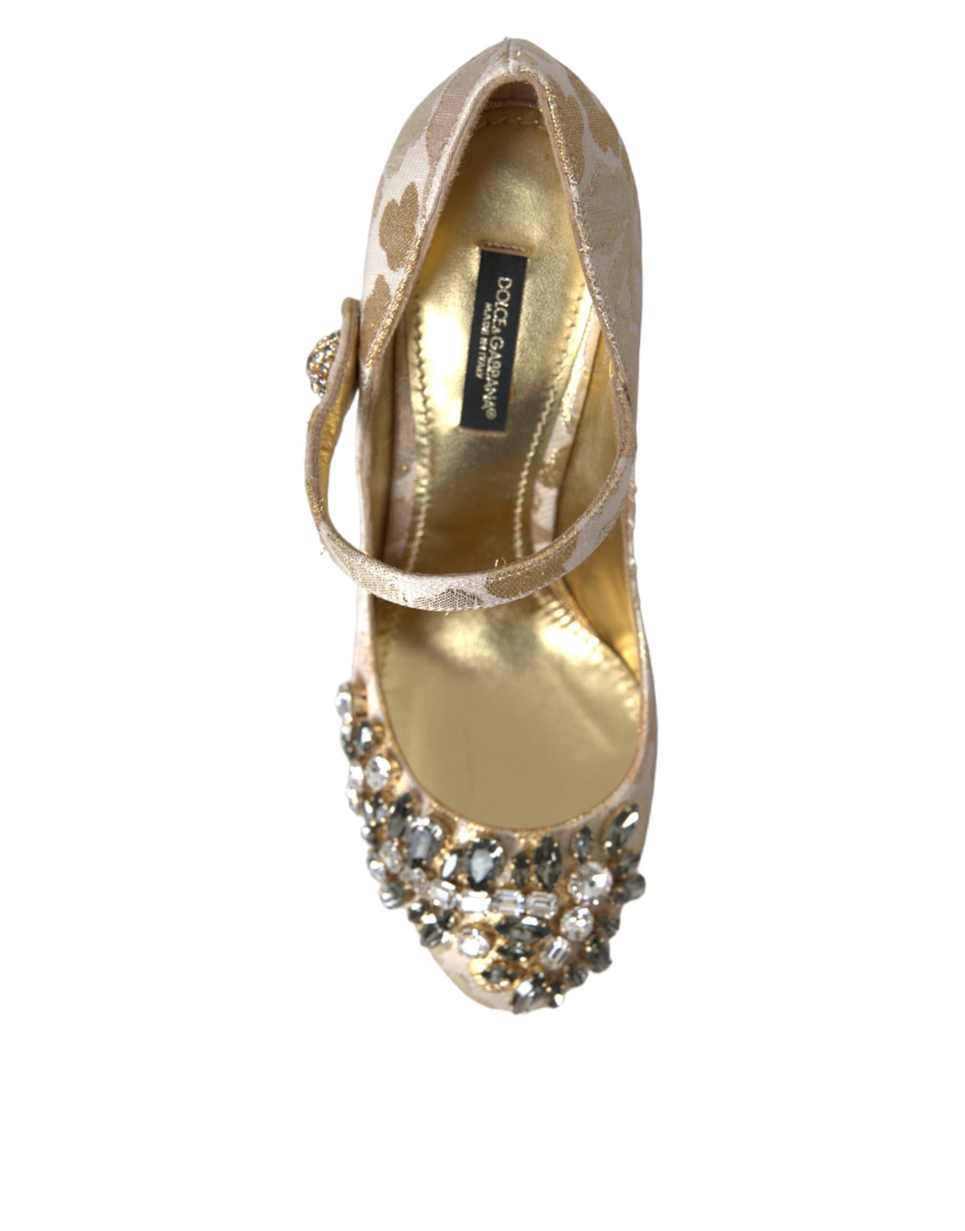 Dolce & Gabbana Gold Jacquard Crystal Mary Janes Pumps Shoes - 6