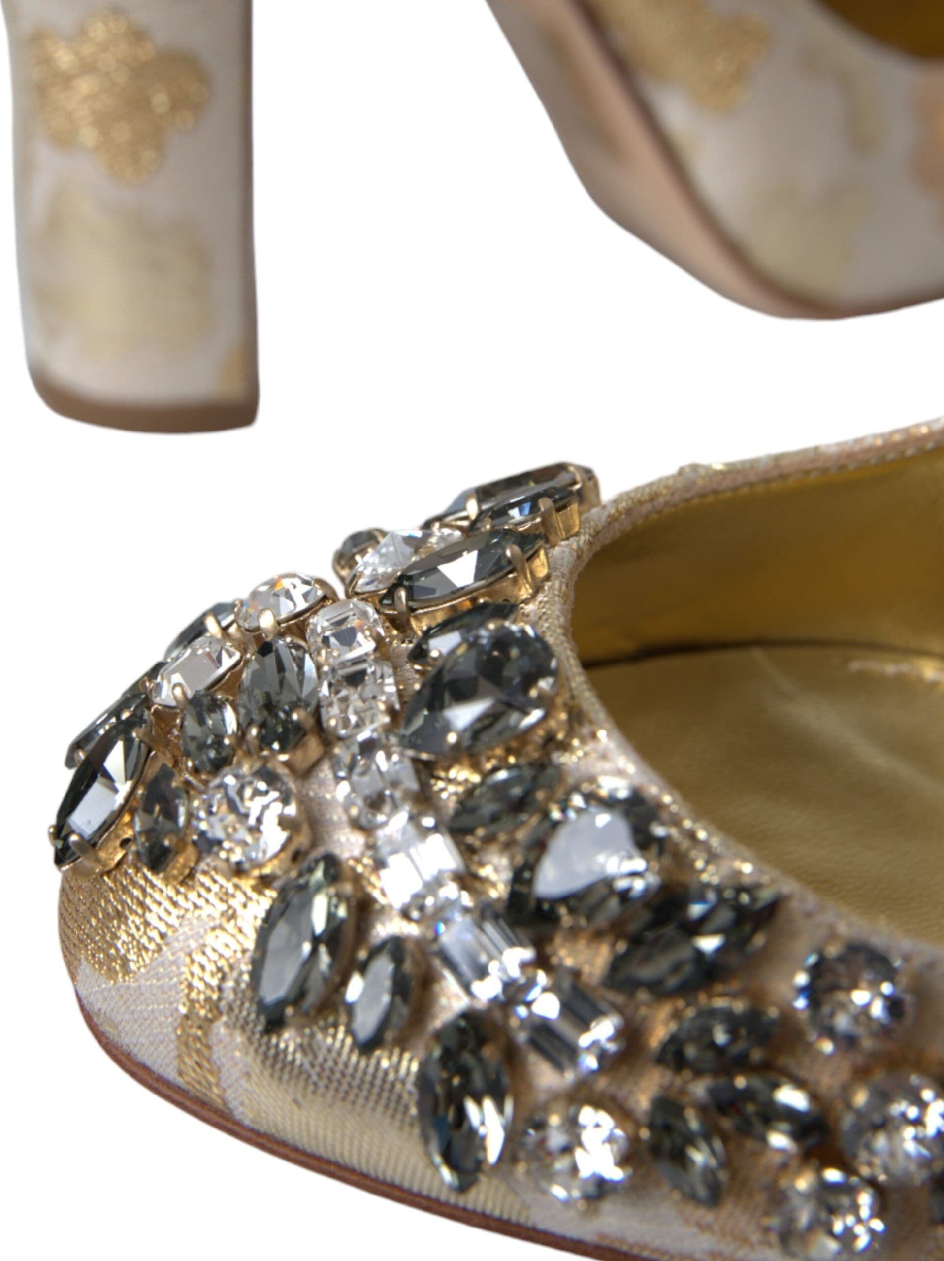 Dolce & Gabbana Gold Jacquard Crystal Mary Janes Pumps Shoes - 7