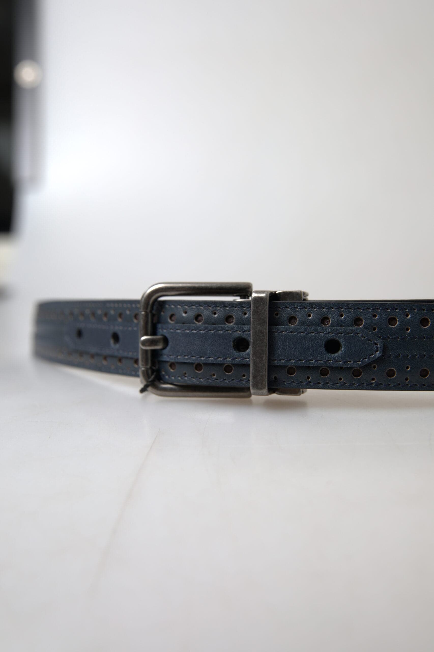 Dolce & Gabbana Blue Leather Perforated Metal Buckle Belt - 3