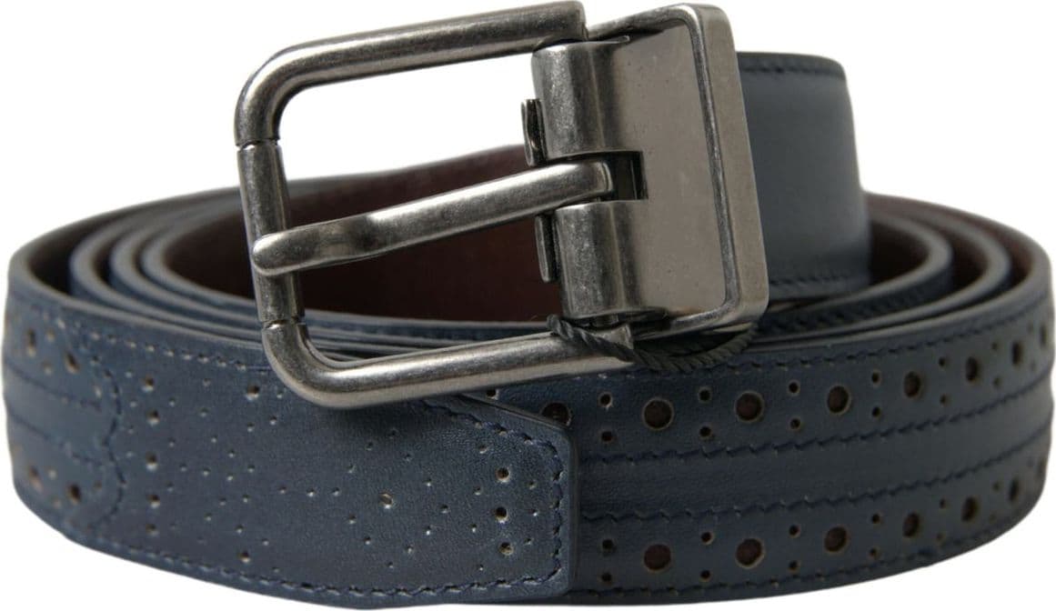 Dolce & Gabbana Blue Leather Perforated Metal Buckle Belt - 4