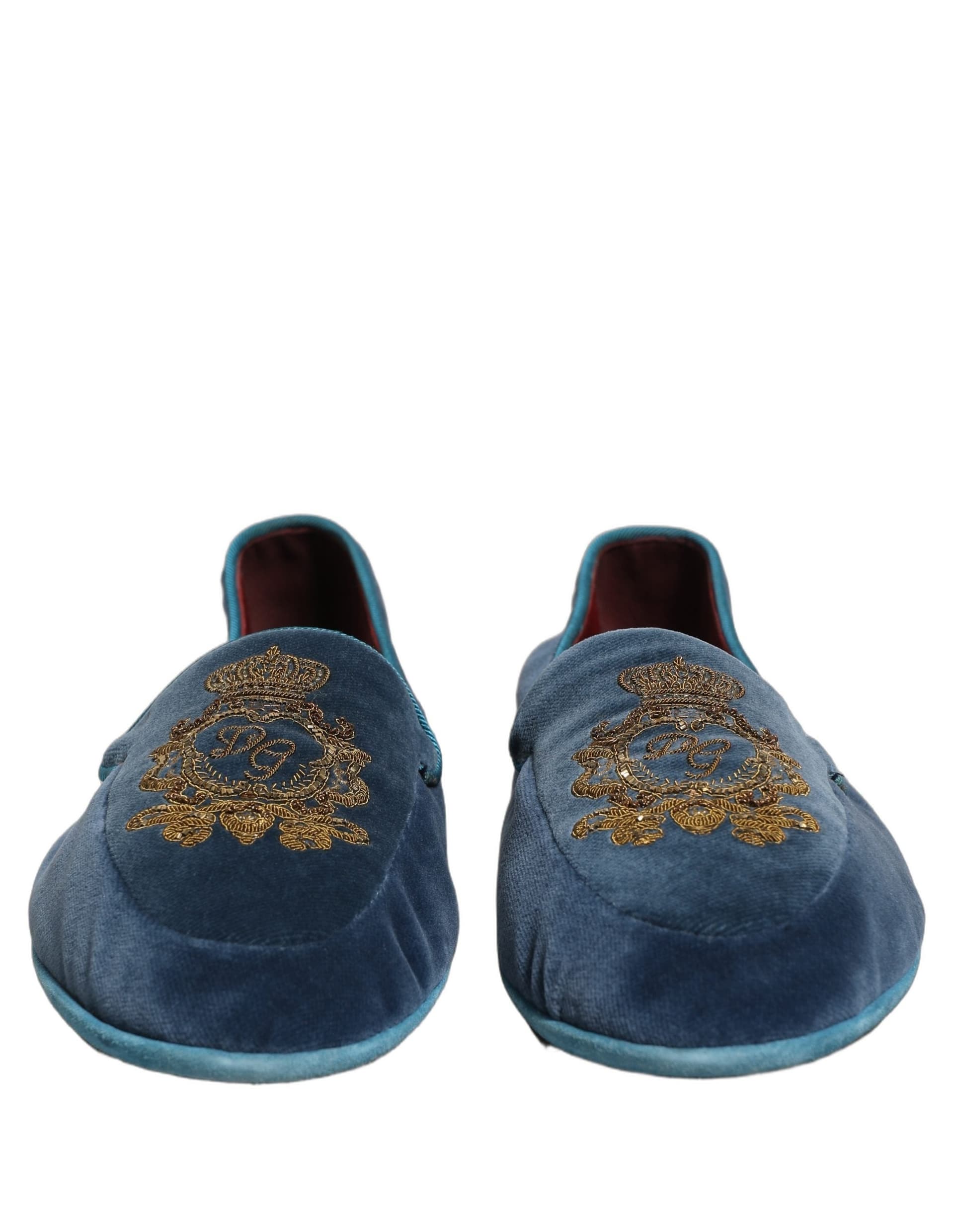 Dolce & Gabbana Blue Velvet Crown Embroidery Loafers Shoes - 3