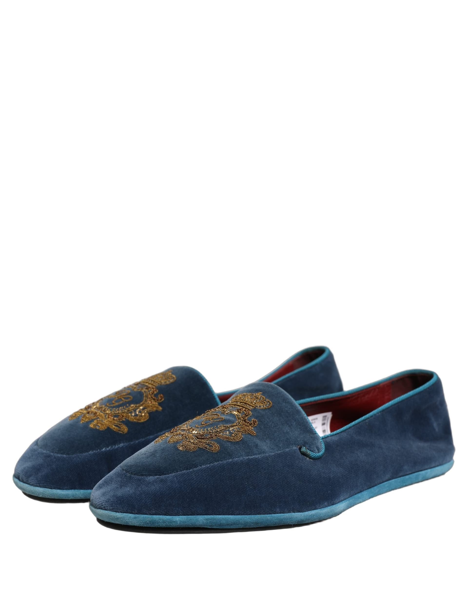 Dolce & Gabbana Blue Velvet Crown Embroidery Loafers Shoes - 4