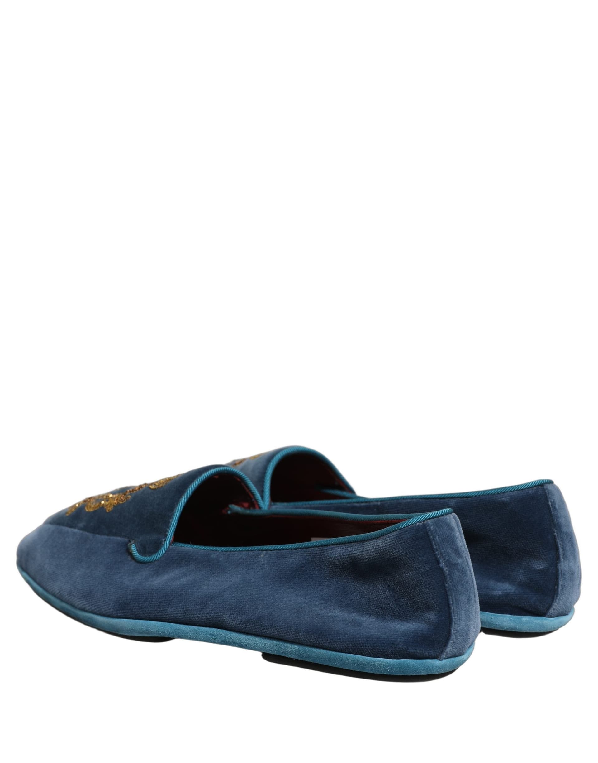 Dolce & Gabbana Blue Velvet Crown Embroidery Loafers Shoes - 5
