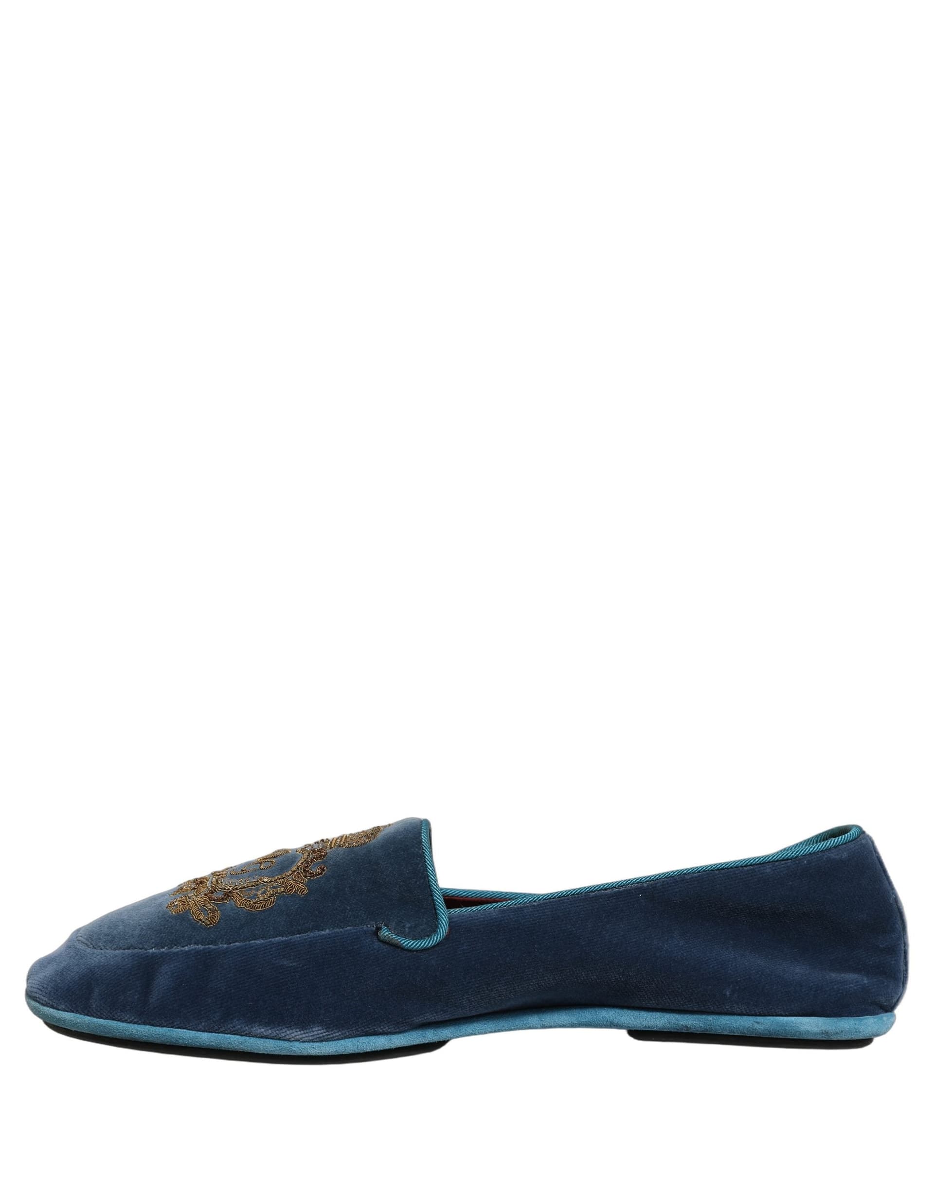 Dolce & Gabbana Blue Velvet Crown Embroidery Loafers Shoes - 6