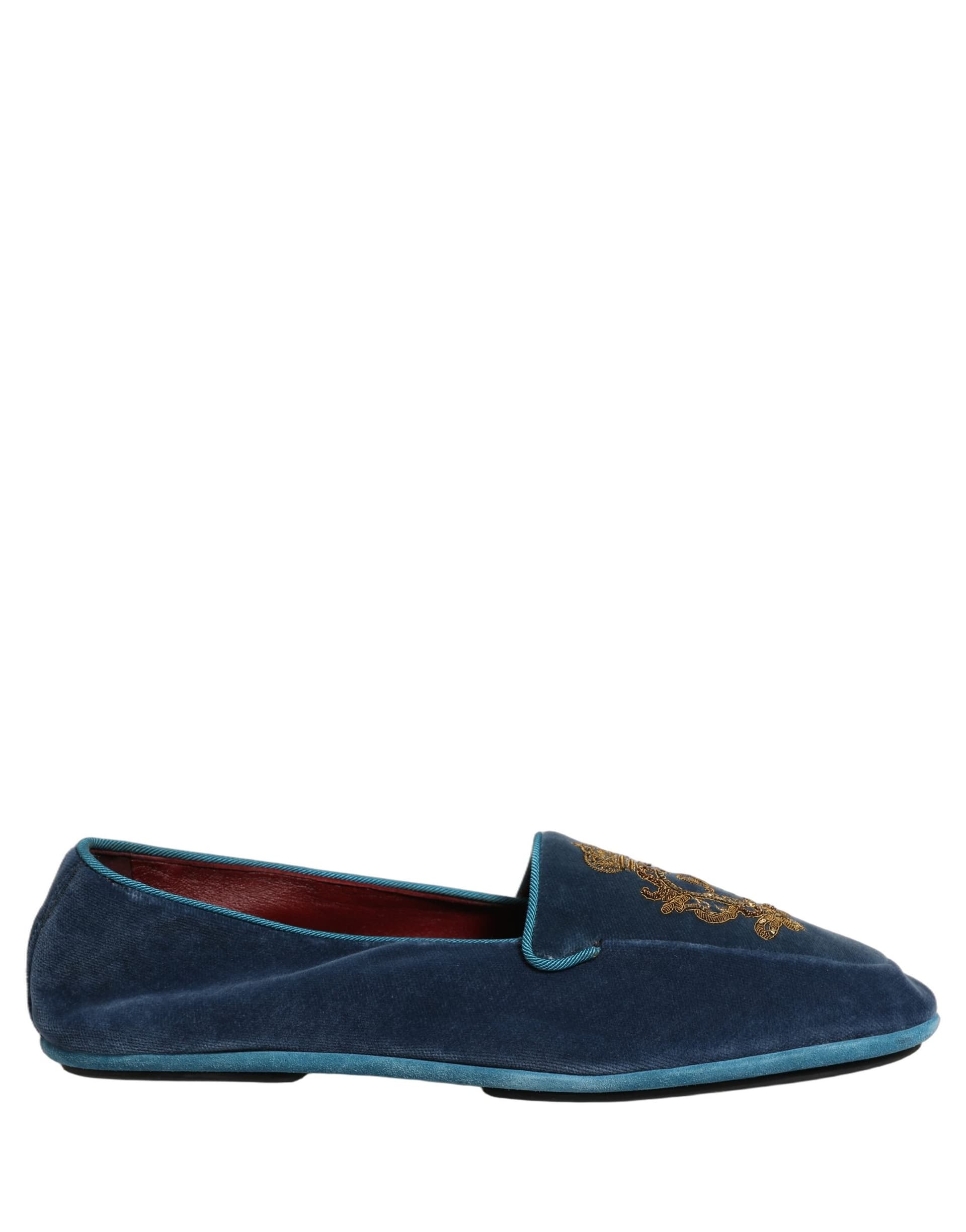 Dolce & Gabbana Blue Velvet Crown Embroidery Loafers Shoes - 8