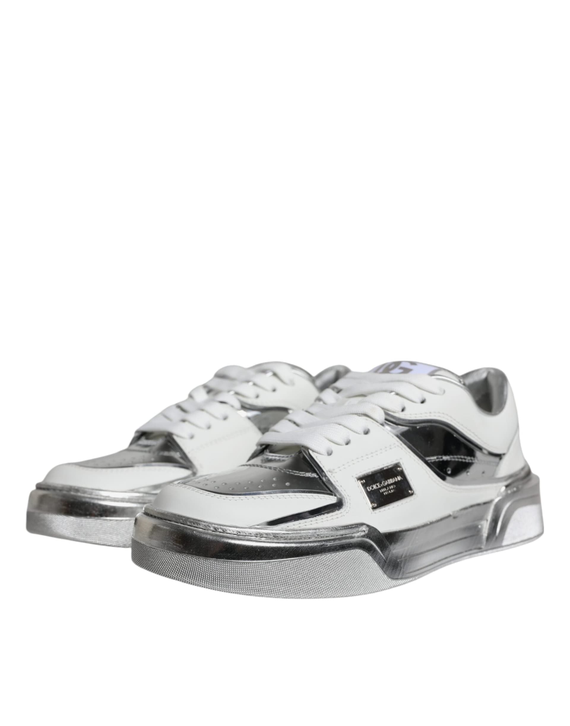 Dolce & Gabbana White Silver Leather Low Top Sneakers Shoes - 2