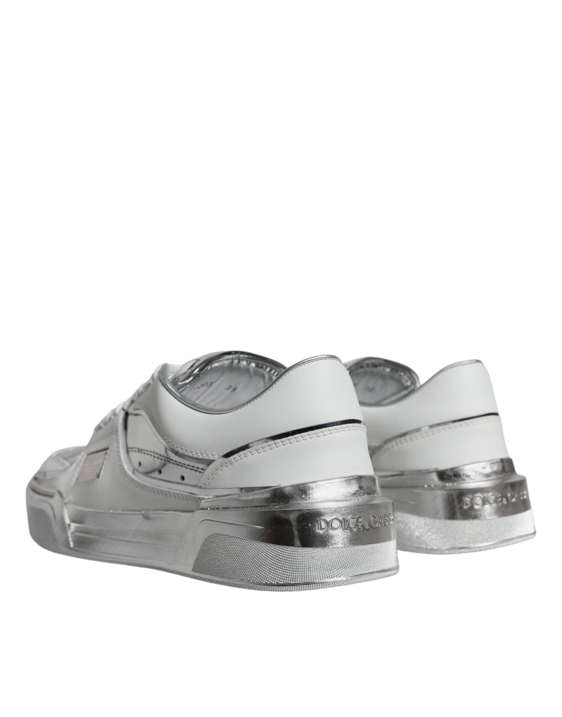 Dolce & Gabbana White Silver Leather Low Top Sneakers Shoes - 3