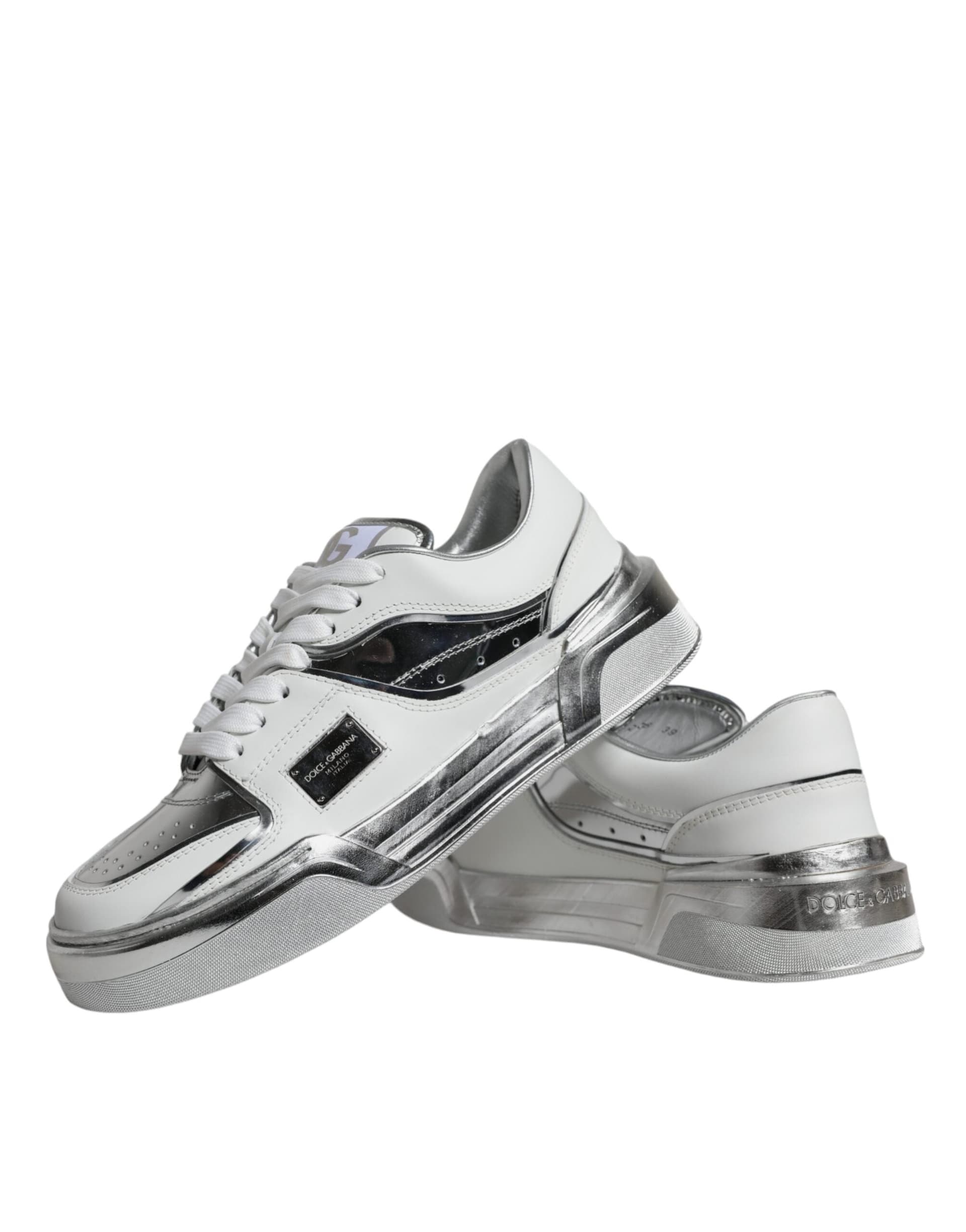 Dolce & Gabbana White Silver Leather Low Top Sneakers Shoes - 6