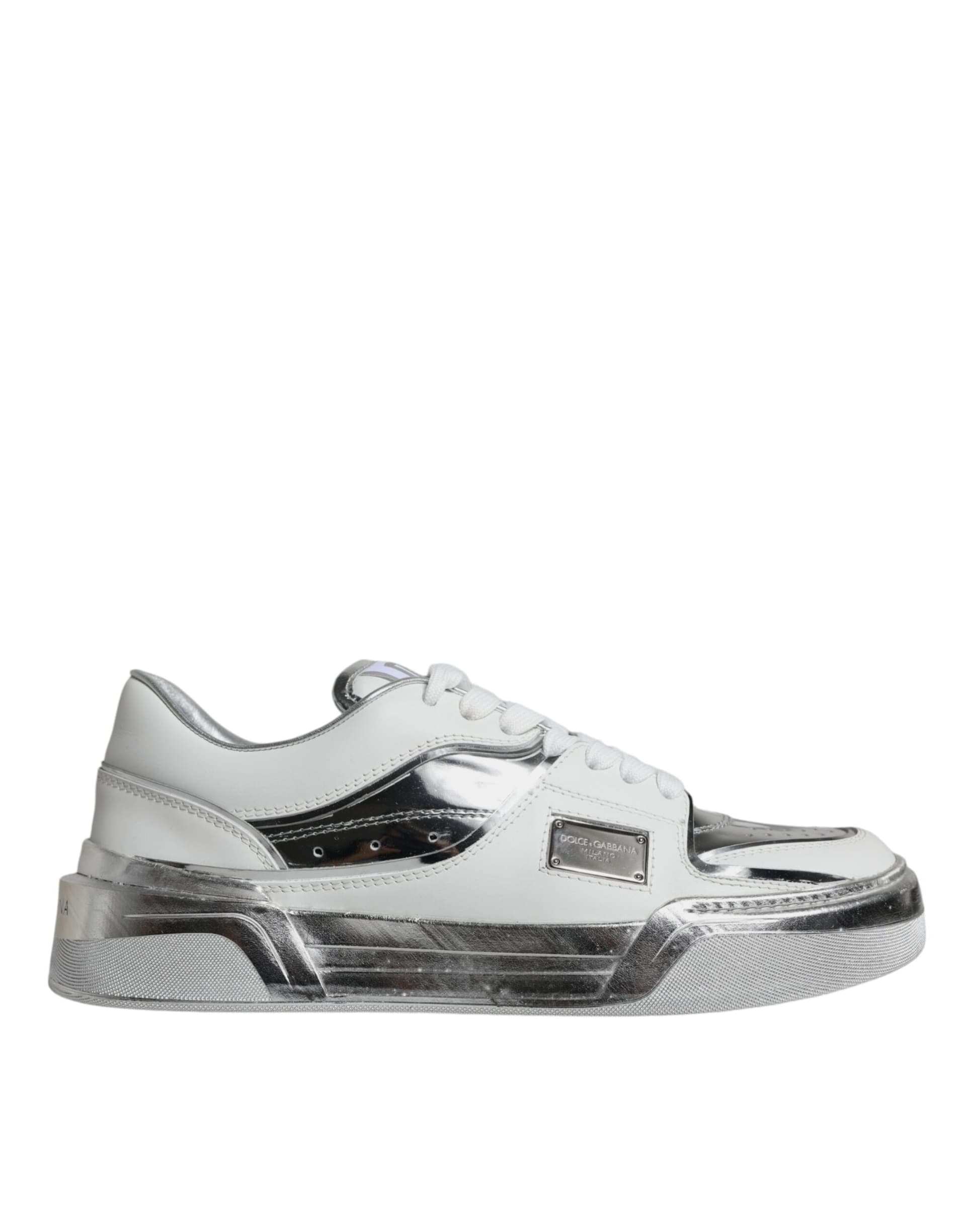 Dolce & Gabbana White Silver Leather Low Top Sneakers Shoes - 8
