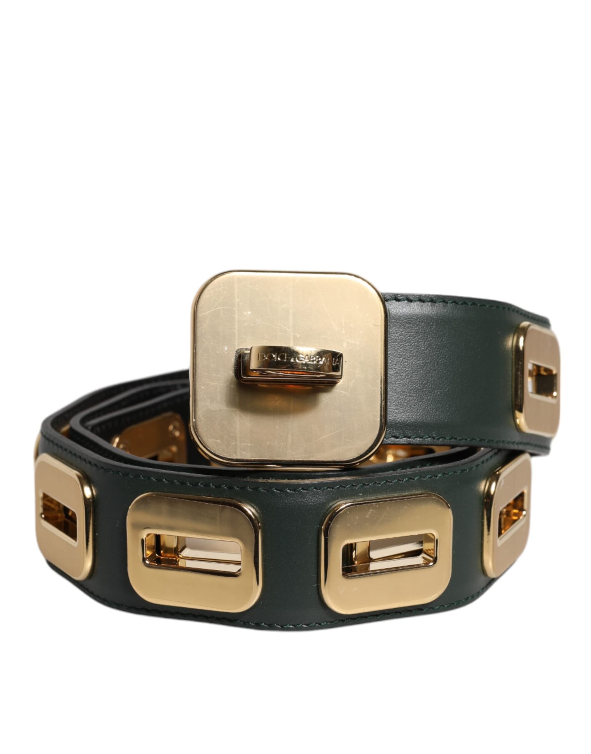 Dolce & Gabbana Green Leather Gold Tone Rotating Buckle Belt - 2