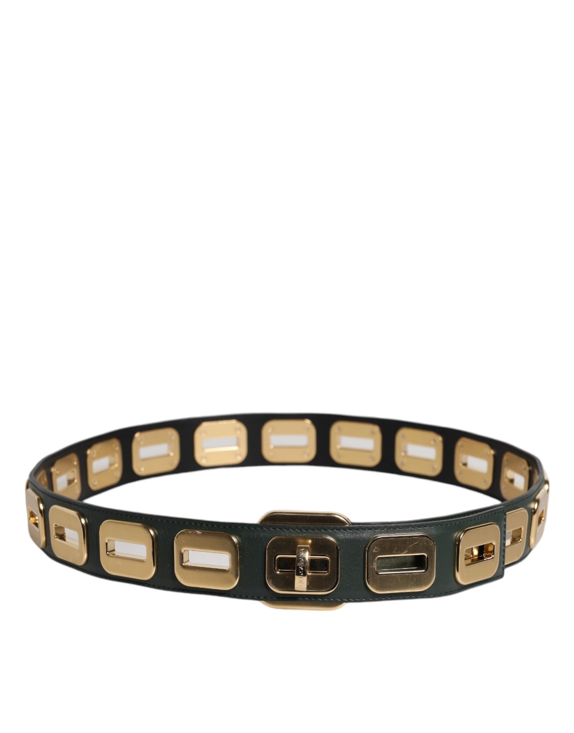 Dolce & Gabbana Green Leather Gold Tone Rotating Buckle Belt - 3