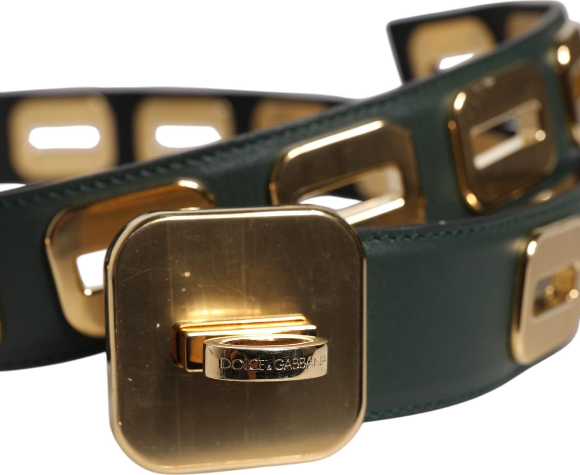 Dolce & Gabbana Green Leather Gold Tone Rotating Buckle Belt - 6