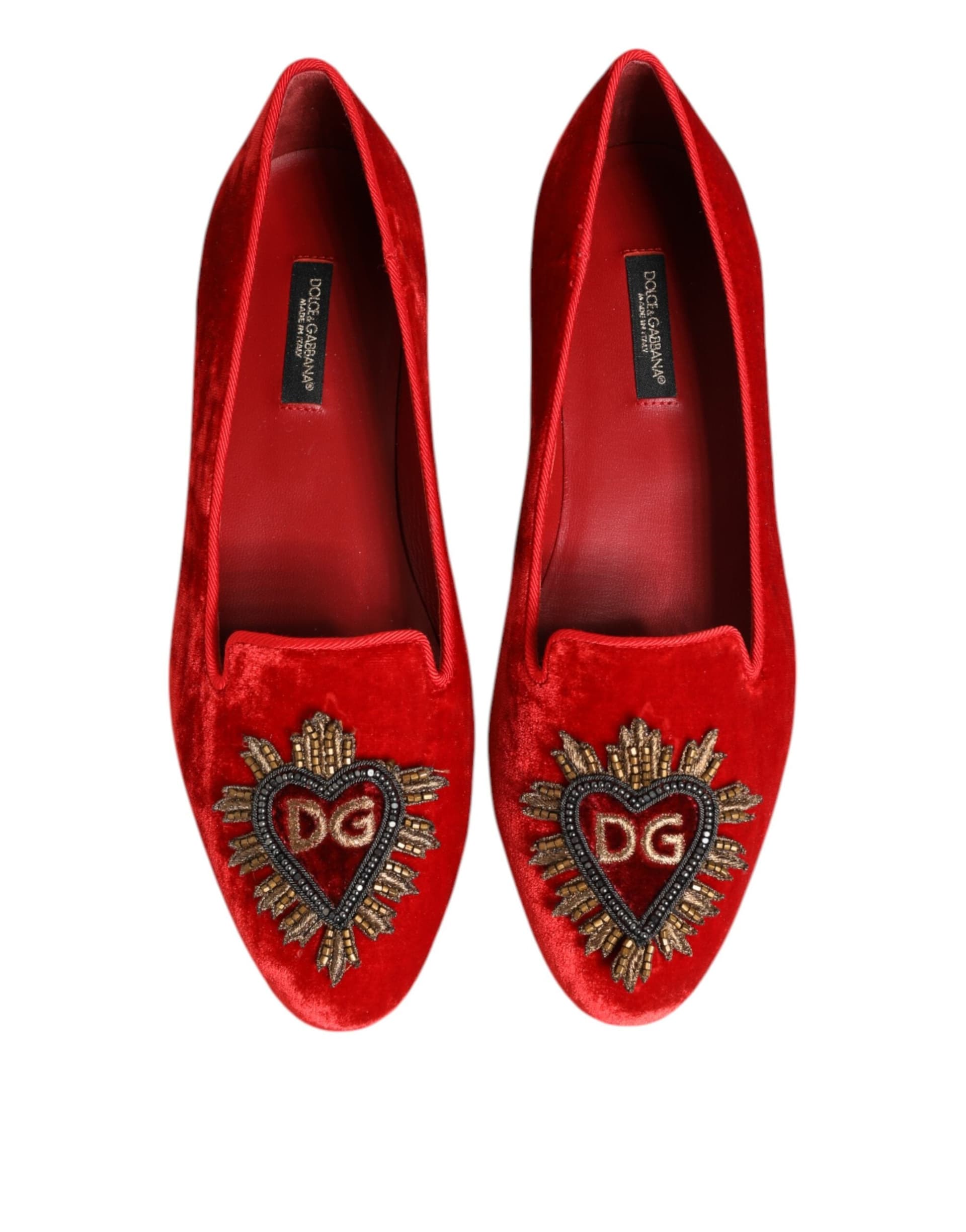Dolce & Gabbana Red Velvet DG Heart Loafers Flats Shoes - 2