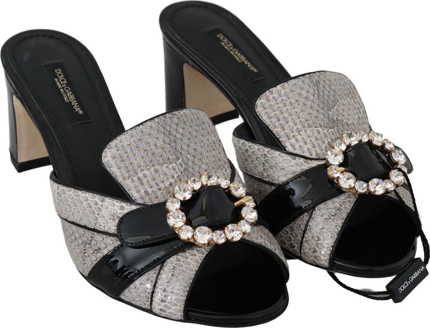 Dolce & Gabbana Black Gray Exotic Leather Crystals Sandals Shoes - 6