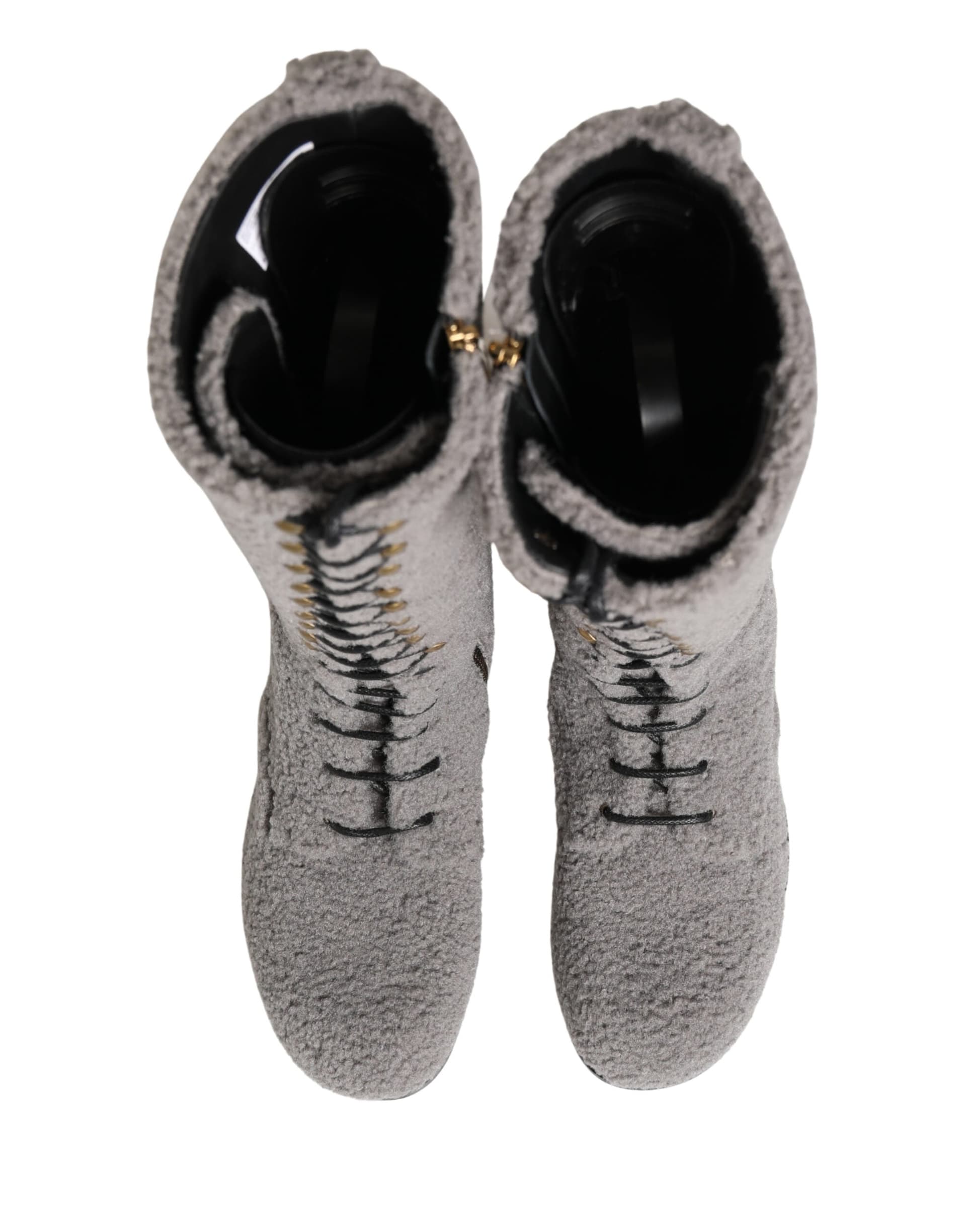 Dolce & Gabbana Gray Shearling Lace Up Knee High Boots Shoes - 2