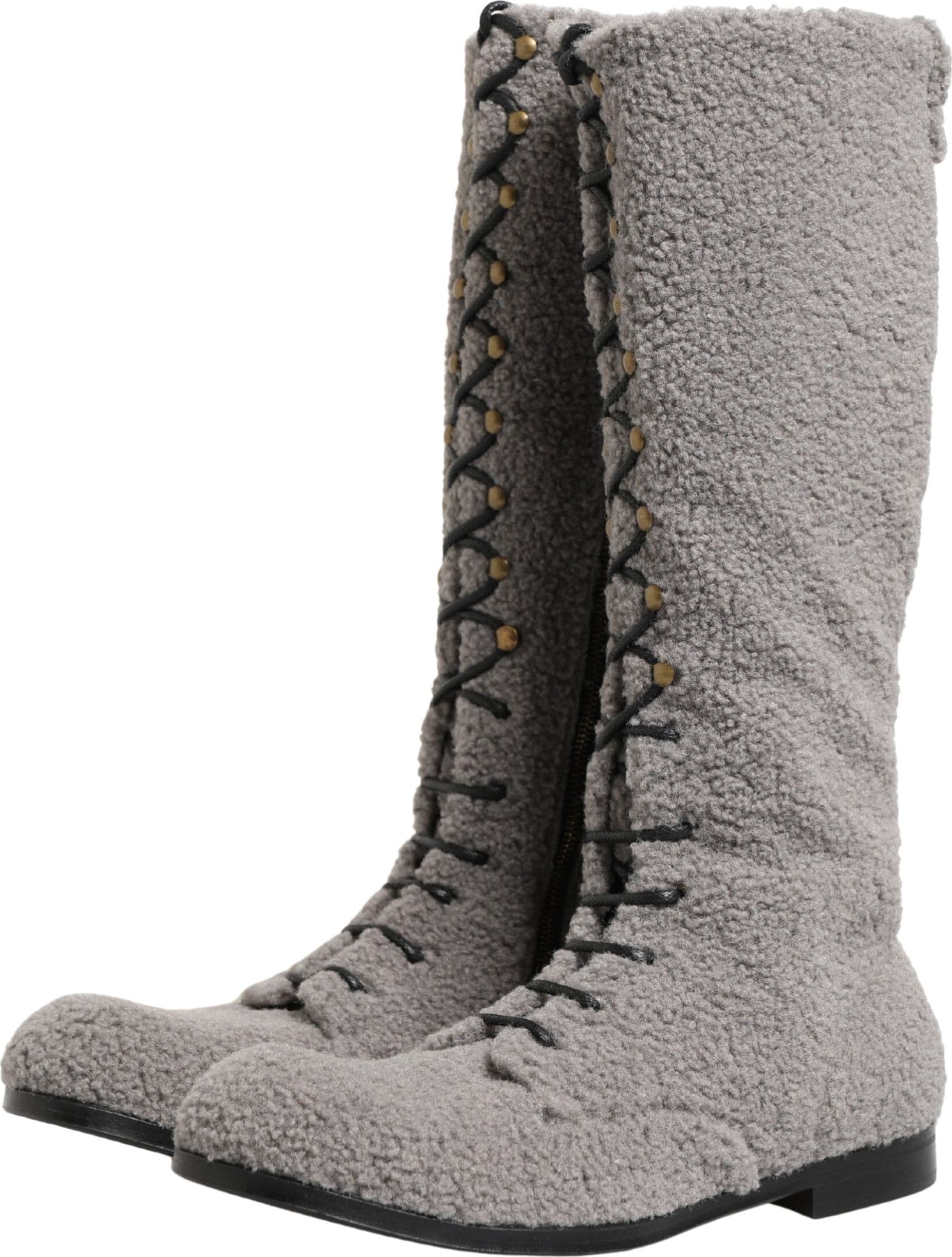 Dolce & Gabbana Gray Shearling Lace Up Knee High Boots Shoes - 3