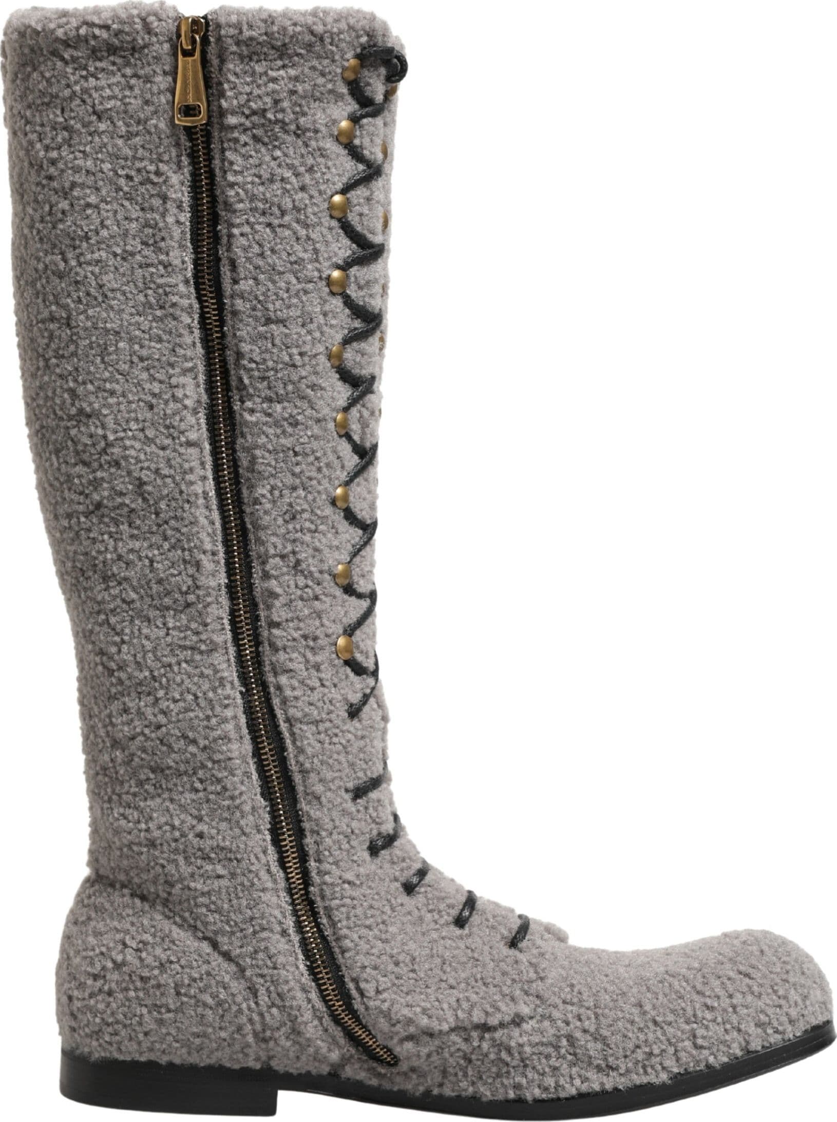 Dolce & Gabbana Gray Shearling Lace Up Knee High Boots Shoes - 7