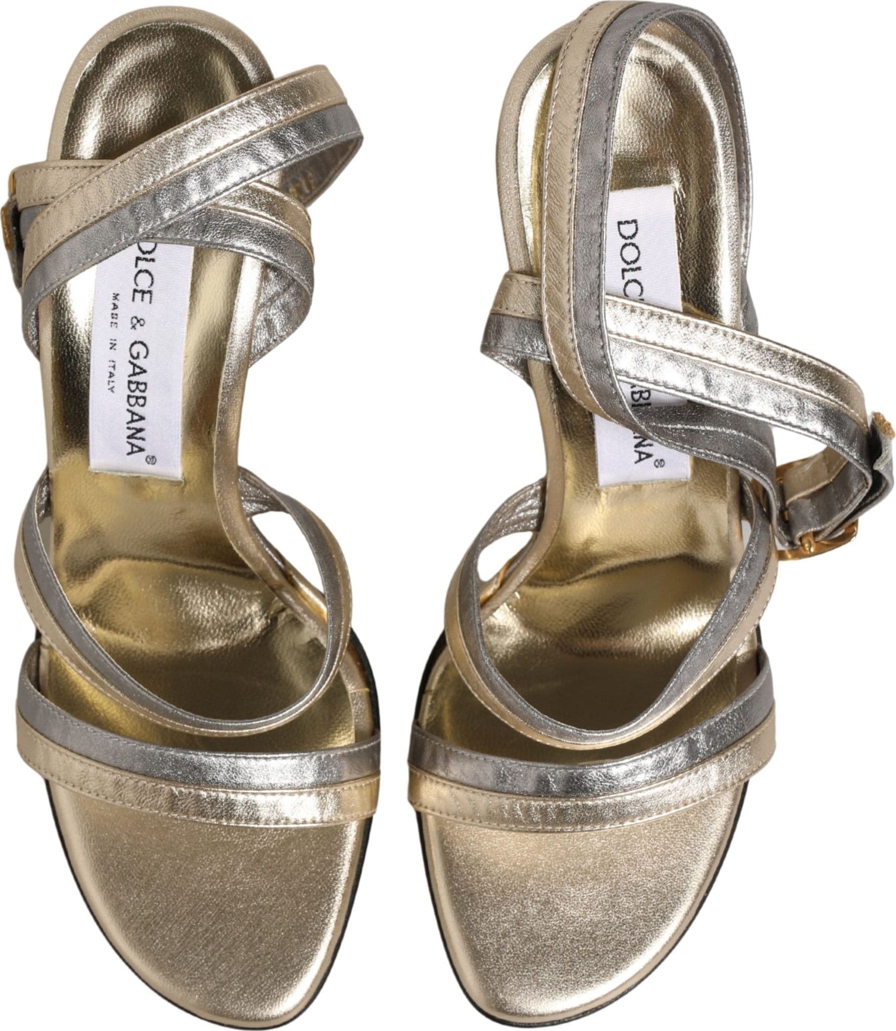 Dolce & Gabbana Gold Silver Leather Wedge Heels Sandals Shoes - 7