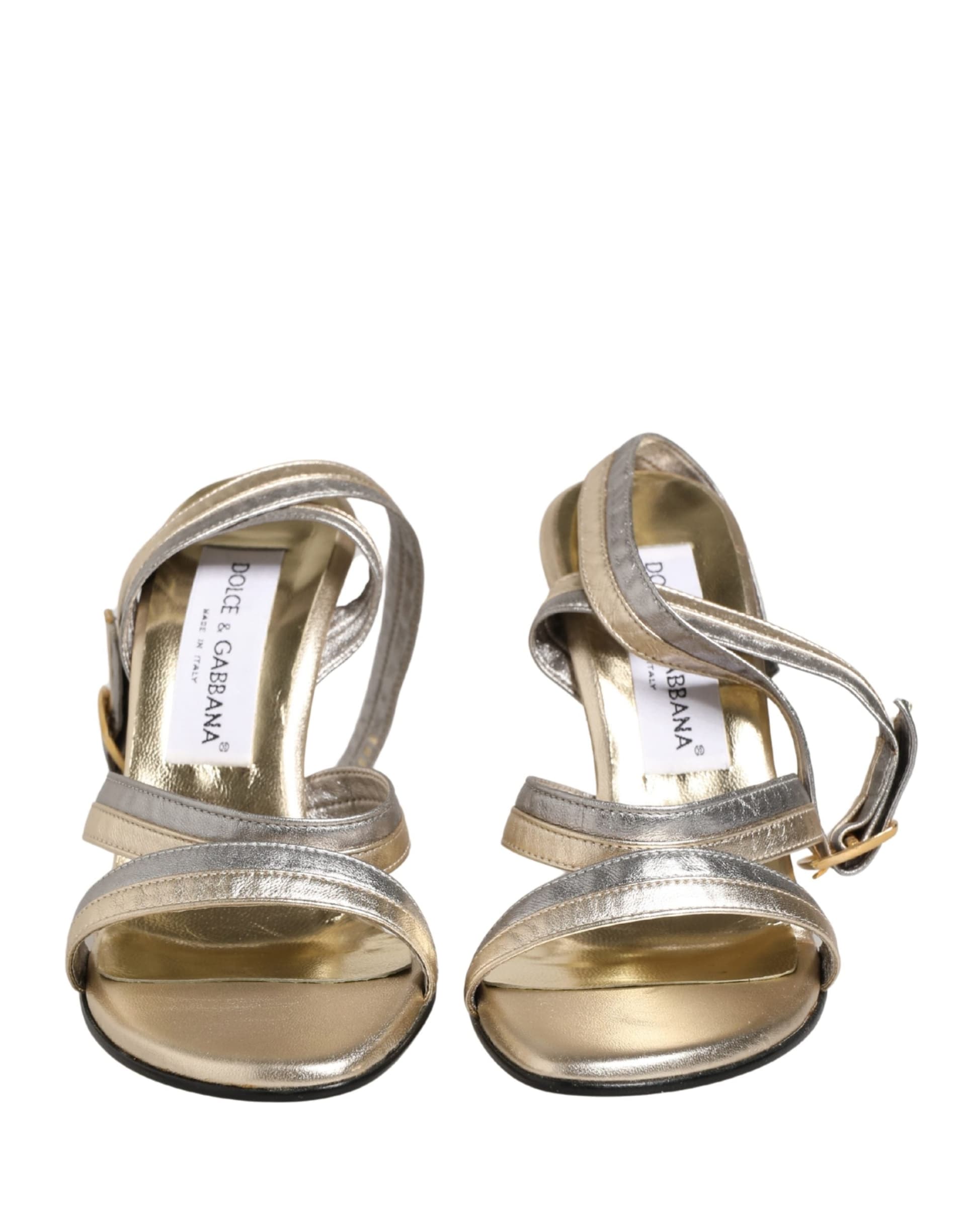 Dolce & Gabbana Gold Silver Leather Wedge Heels Sandals Shoes - 8