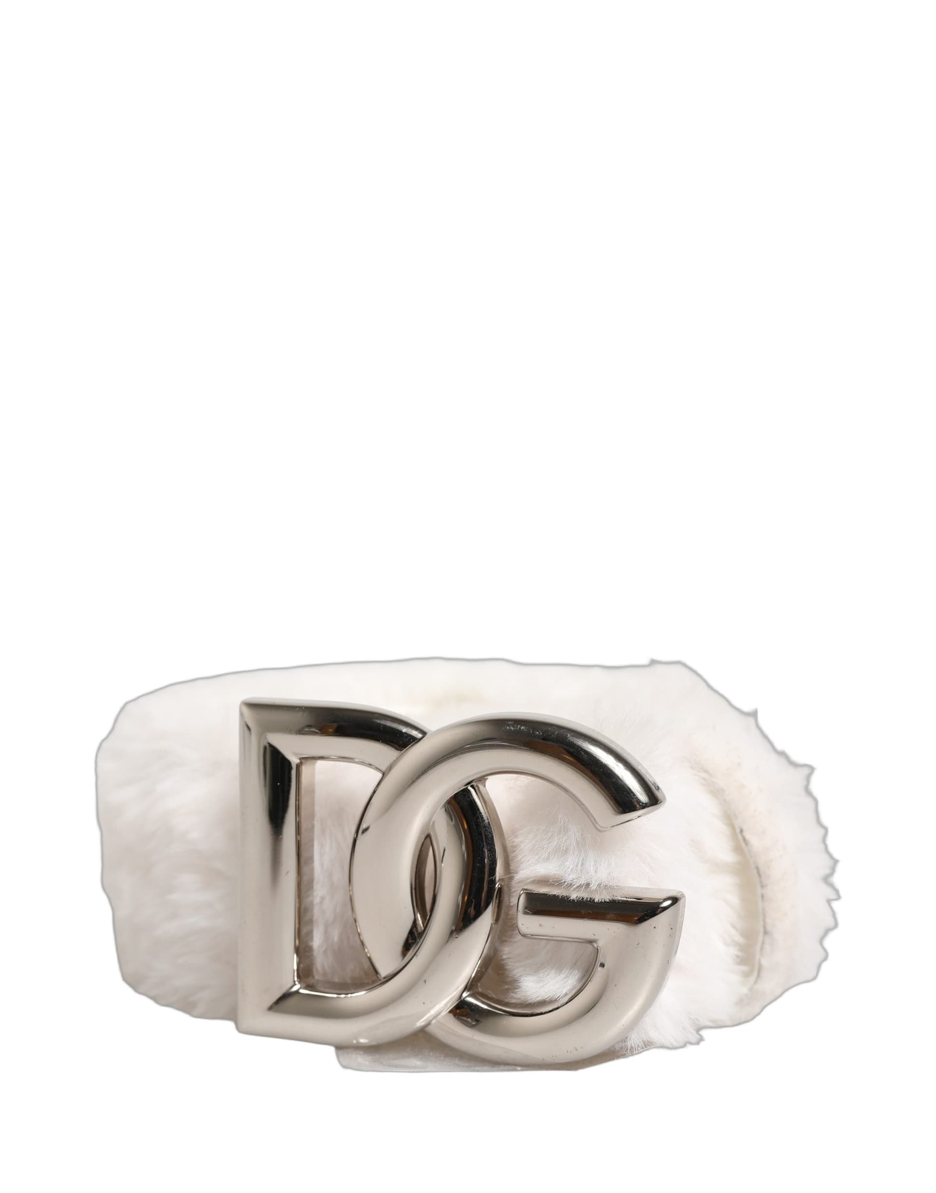 Dolce & Gabbana White Fleece Silver DG Logo Metal Buckle Belt - 3