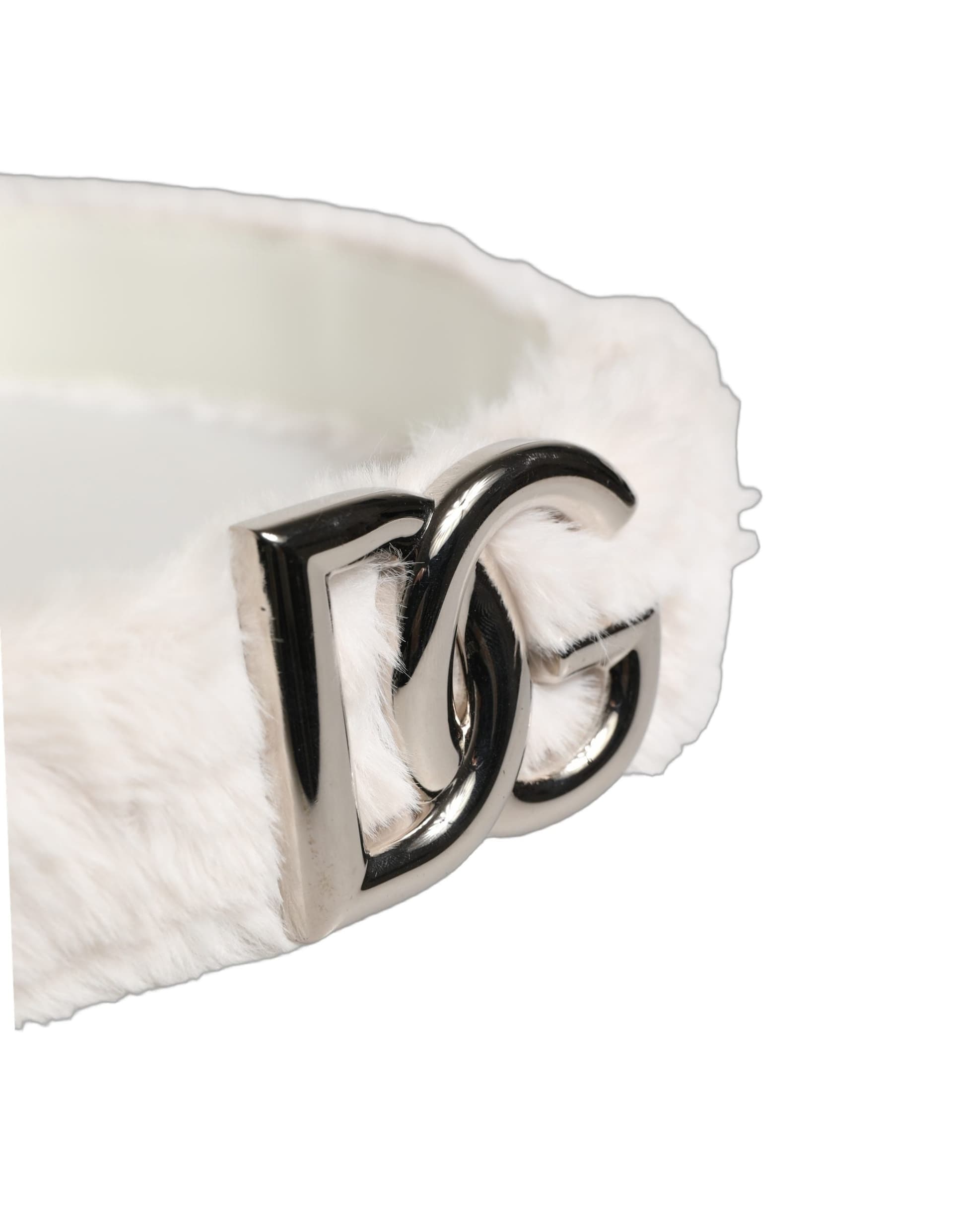Dolce & Gabbana White Fleece Silver DG Logo Metal Buckle Belt - 6