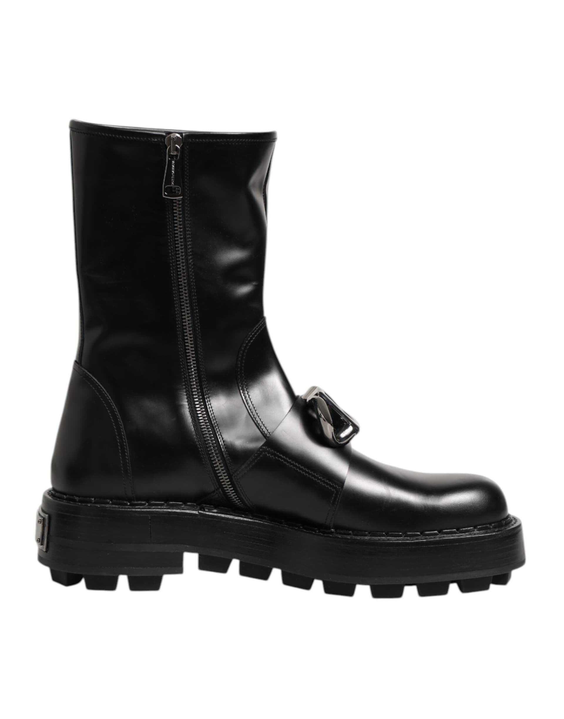 Dolce & Gabbana Black Logo Plaque Mid Calf Biker Boots Shoes - 6