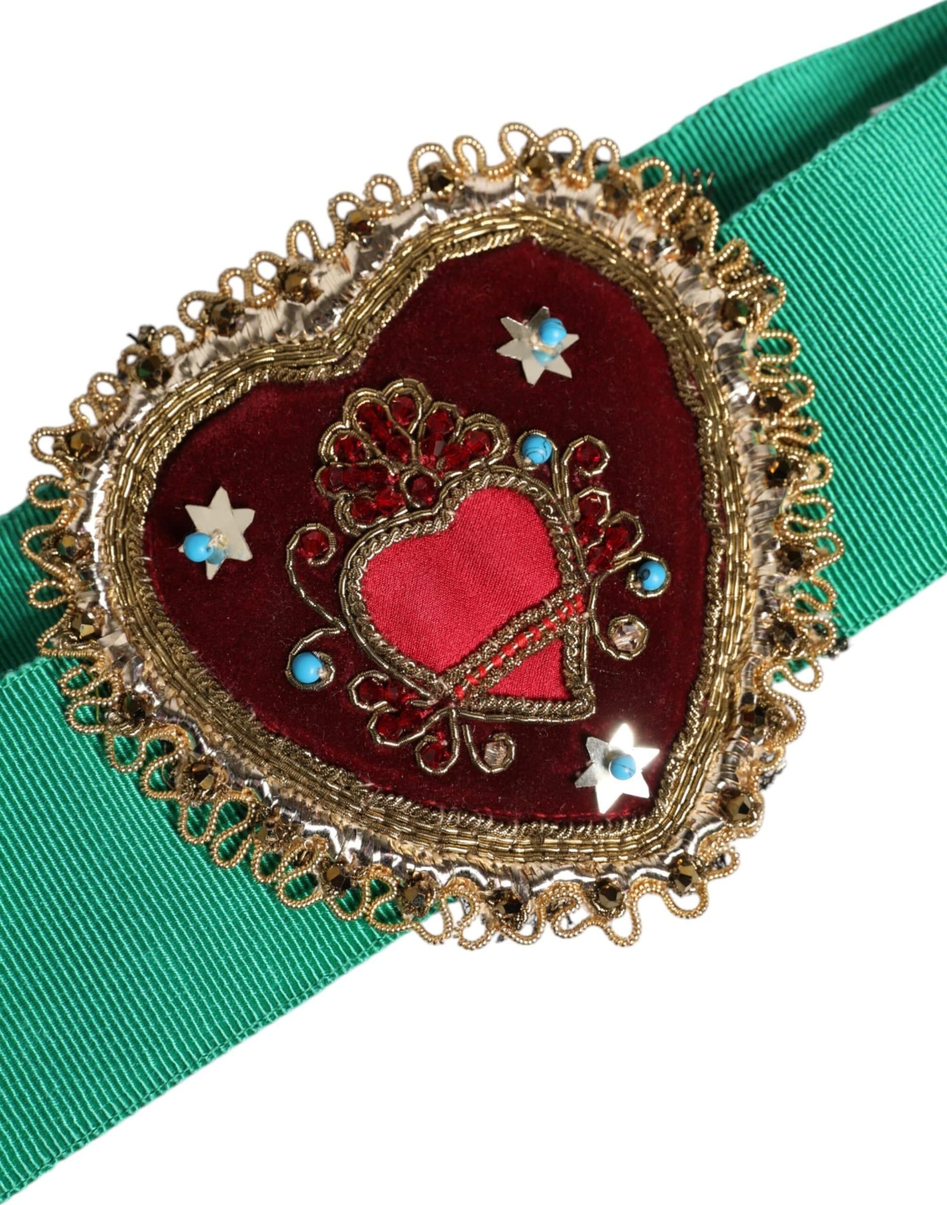 Dolce & Gabbana Green Stretch Wide Waist Heart Embellished Belt - 2