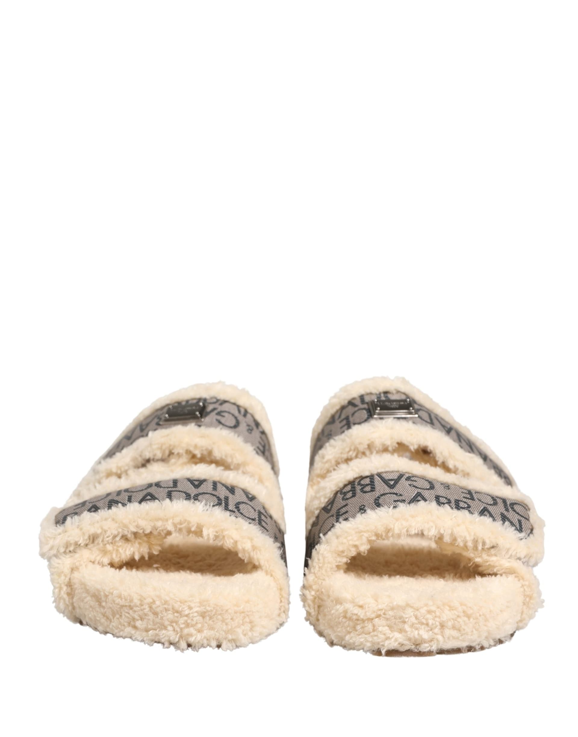 Dolce & Gabbana Beige Faux Fur Logo Print Flats Sandals Shoes - 2