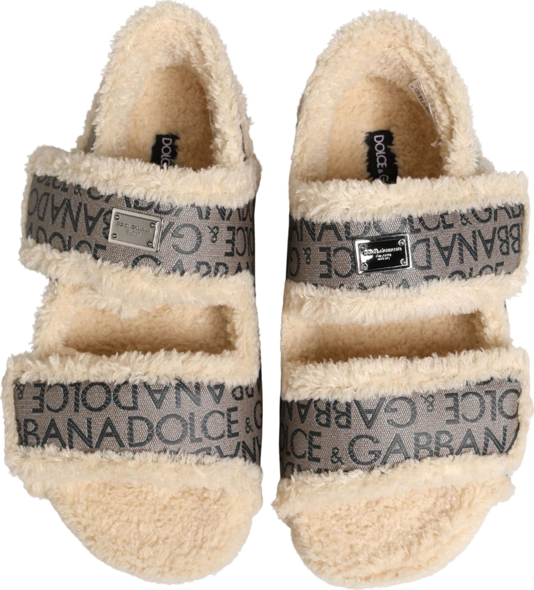 Dolce & Gabbana Beige Faux Fur Logo Print Flats Sandals Shoes - 3