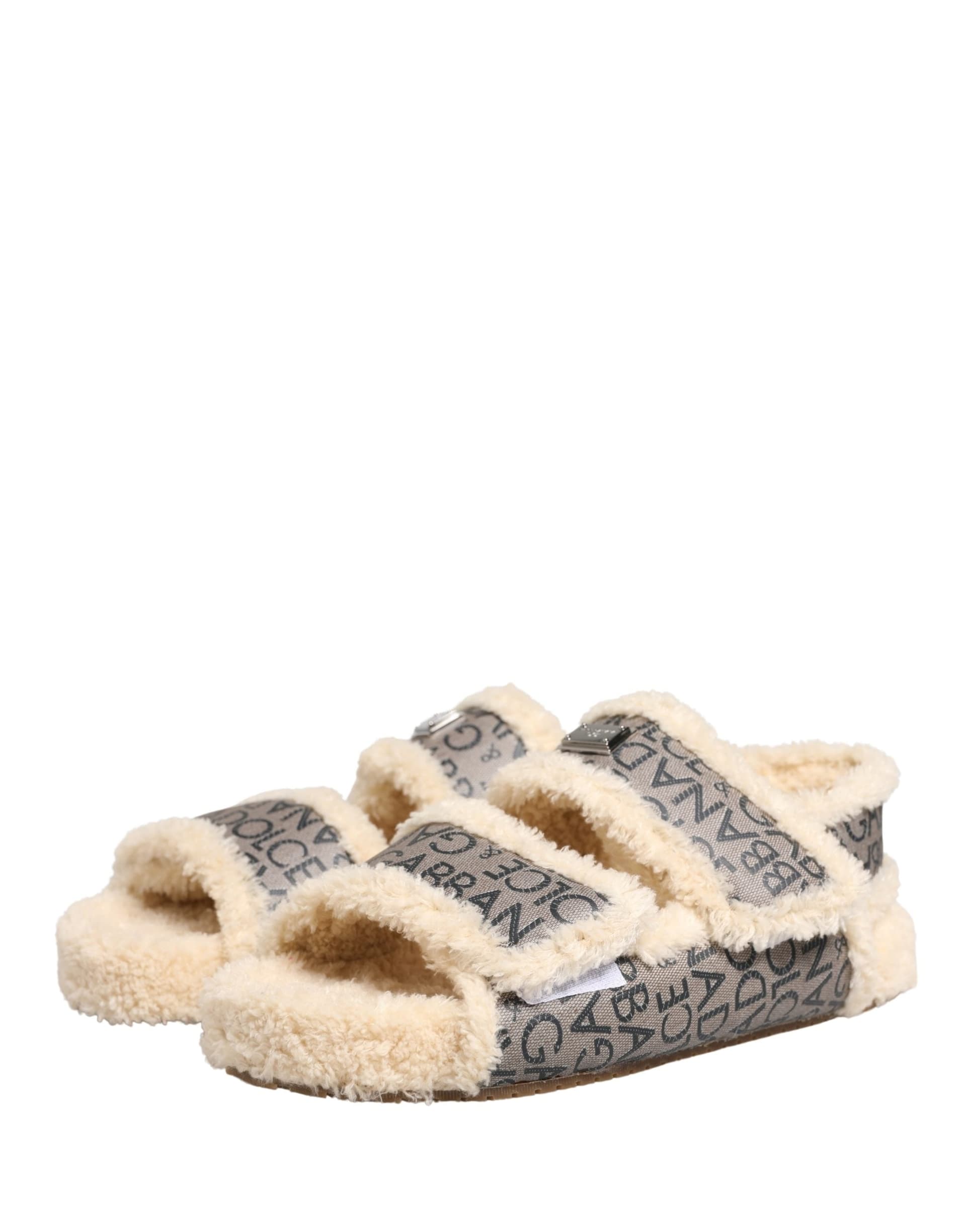 Dolce & Gabbana Beige Faux Fur Logo Print Flats Sandals Shoes - 4