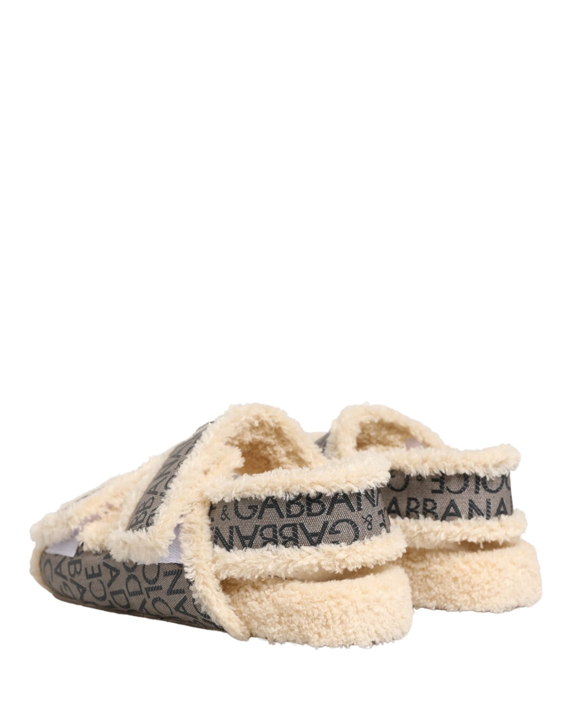 Dolce & Gabbana Beige Faux Fur Logo Print Flats Sandals Shoes - 5