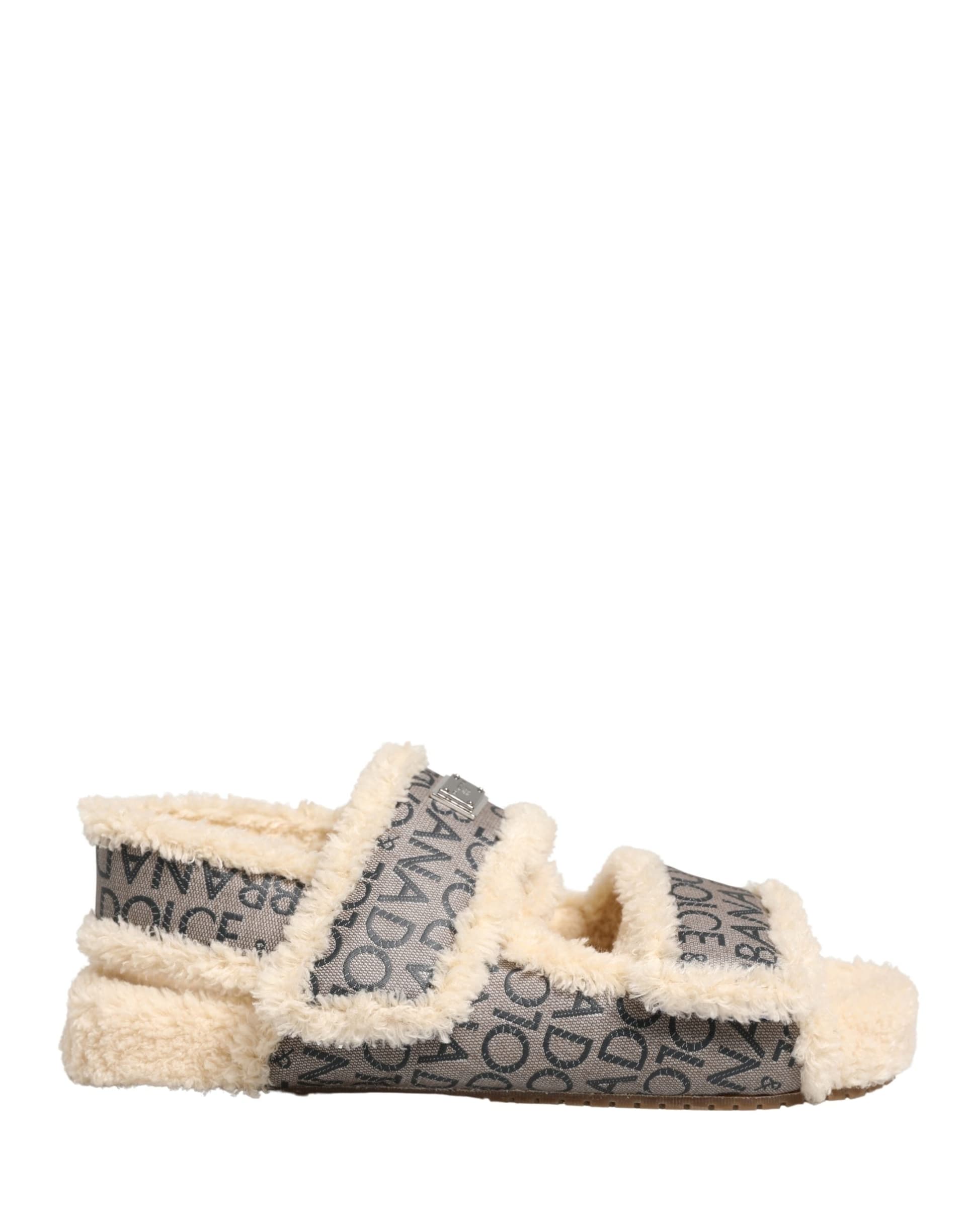 Dolce & Gabbana Beige Faux Fur Logo Print Flats Sandals Shoes - 7