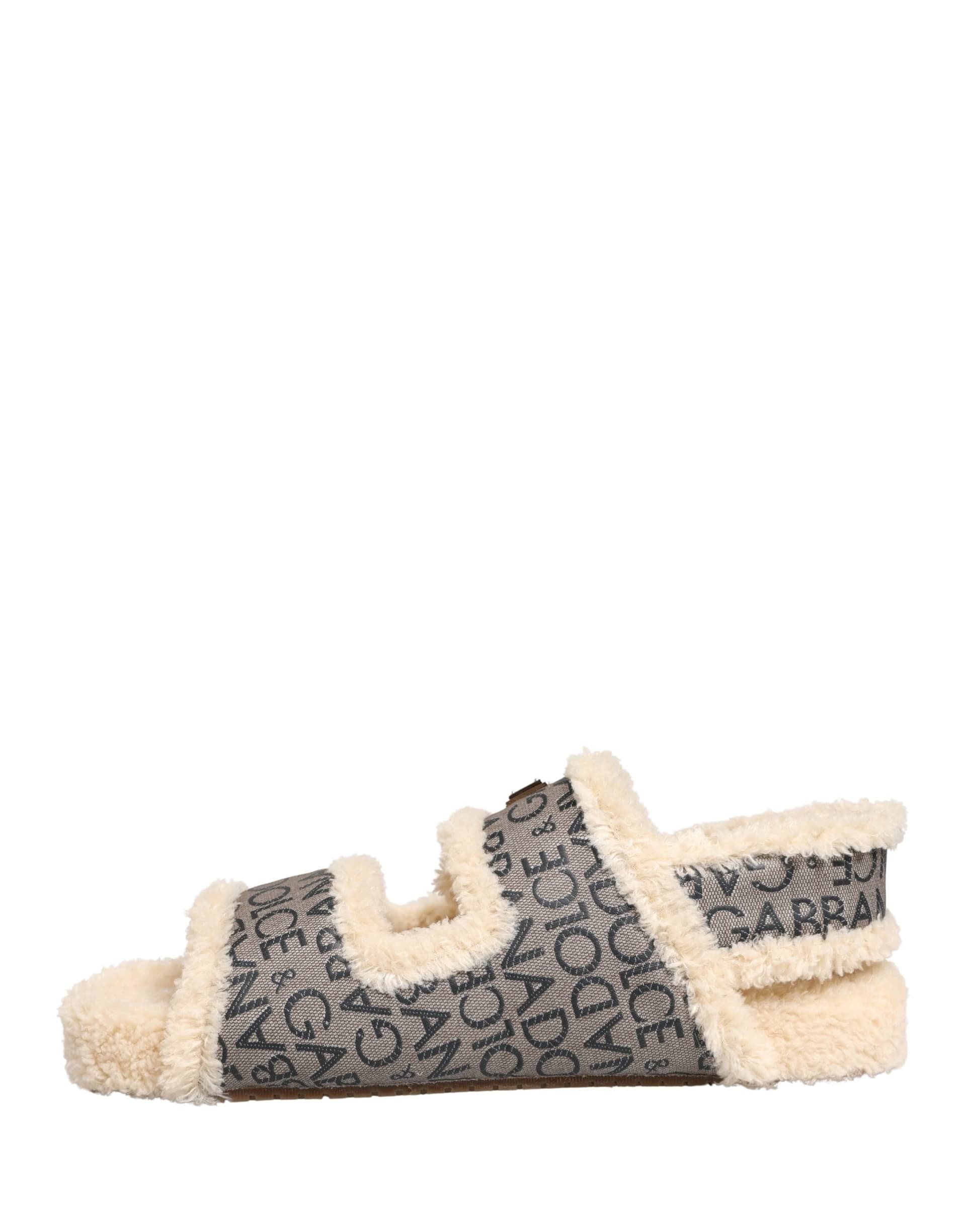 Dolce & Gabbana Beige Faux Fur Logo Print Flats Sandals Shoes - 8