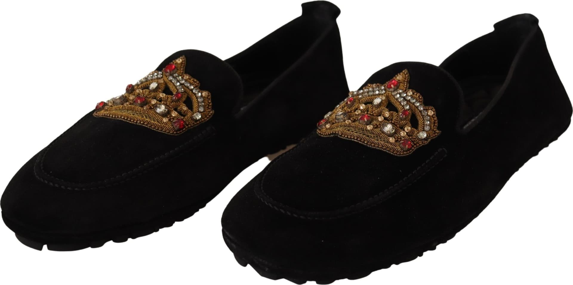 Dolce & Gabbana Black Leather Crystal Gold Crown Loafers Shoes - 2