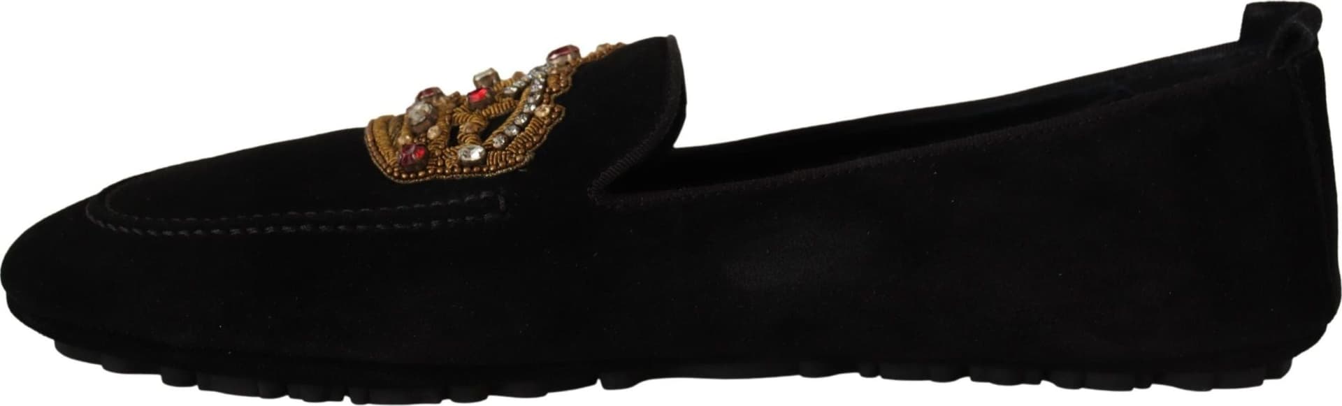 Dolce & Gabbana Black Leather Crystal Gold Crown Loafers Shoes - 4