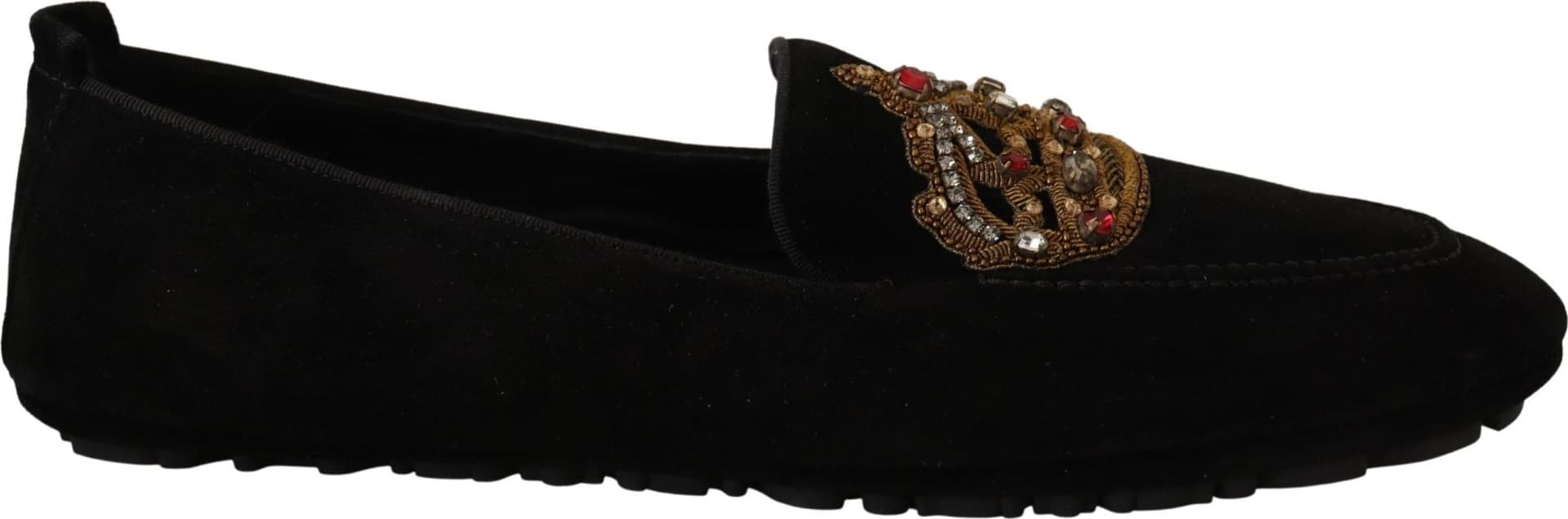 Dolce & Gabbana Black Leather Crystal Gold Crown Loafers Shoes - 5