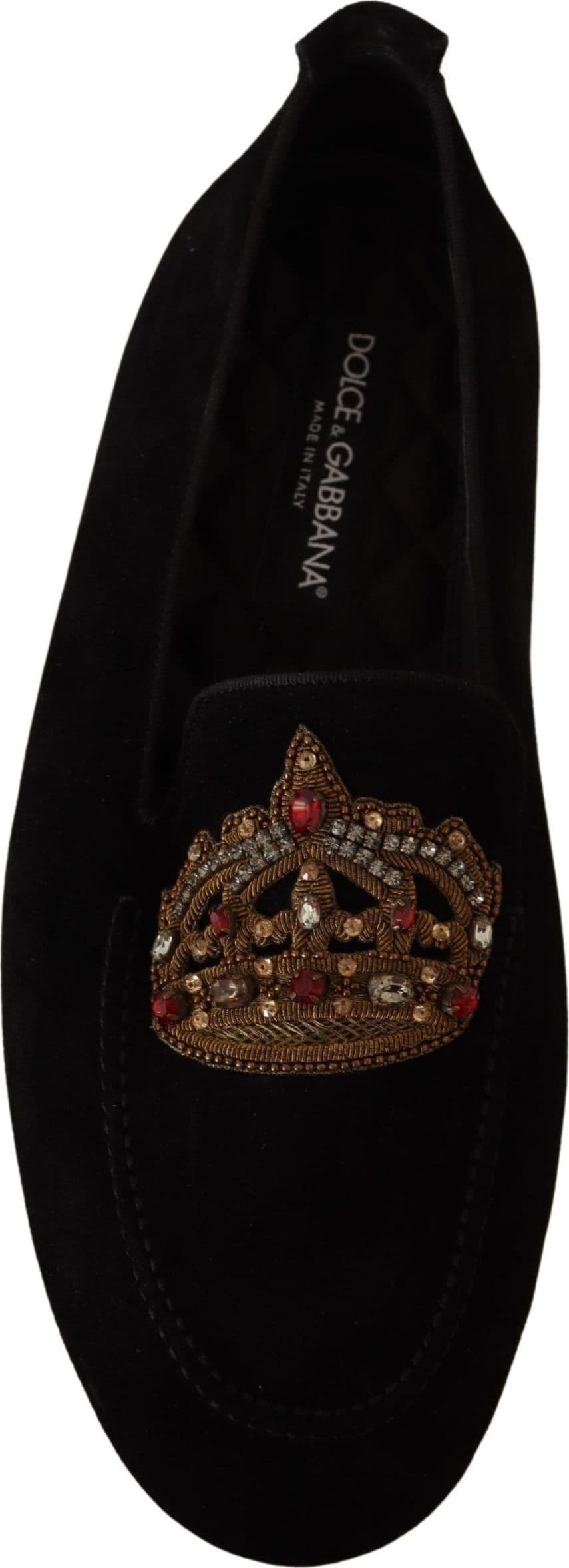 Dolce & Gabbana Black Leather Crystal Gold Crown Loafers Shoes - 7