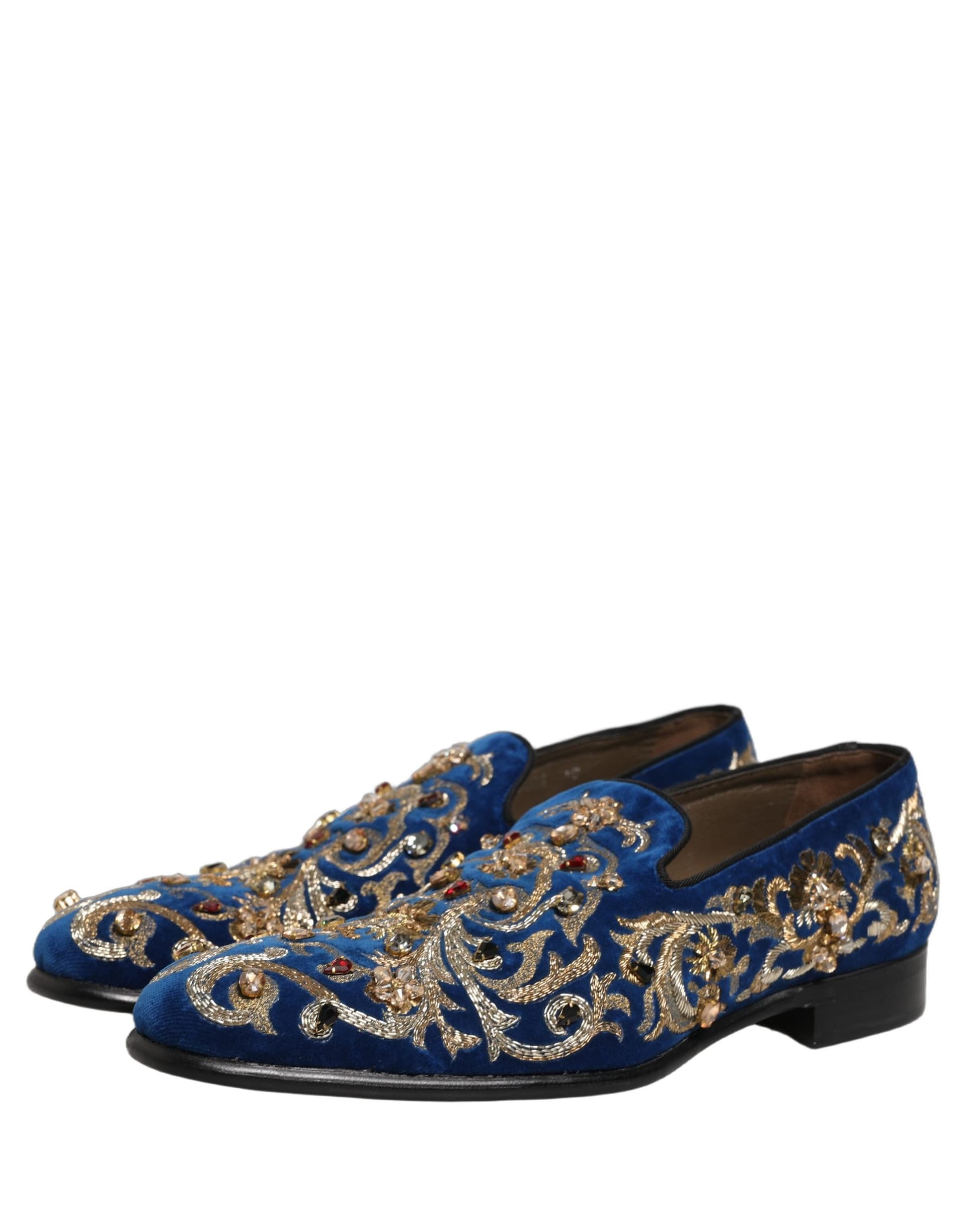 Dolce & Gabbana Blue Velvet Embellished Dress Loafers Shoes - 4