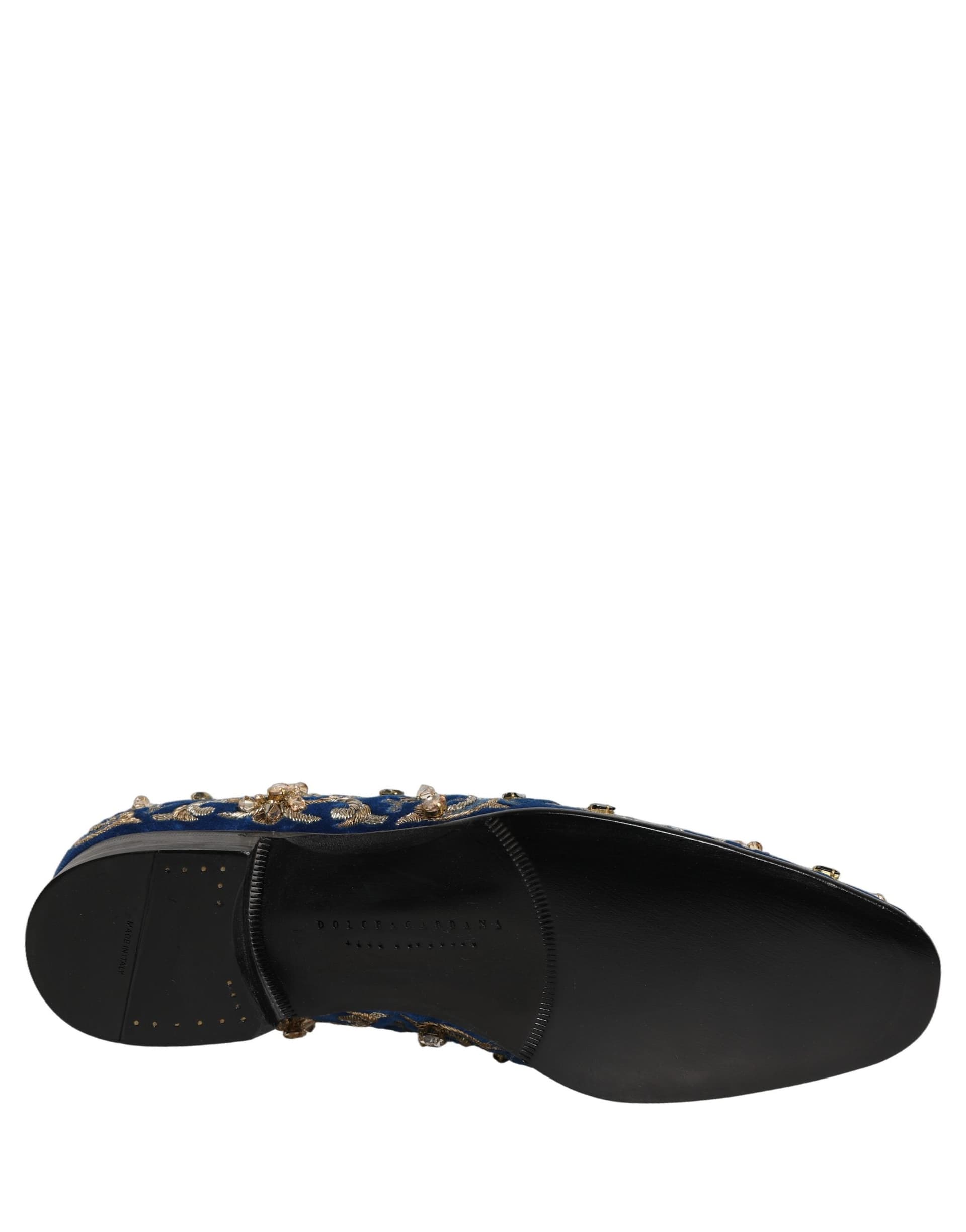Dolce & Gabbana Blue Velvet Embellished Dress Loafers Shoes - 8