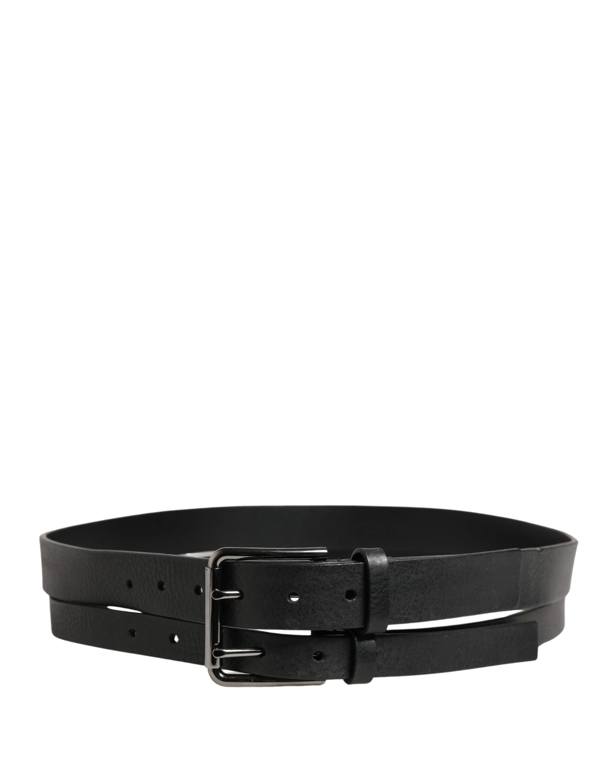 Dolce & Gabbana Black Double Strap Leather Silver Buckle Belt - 3