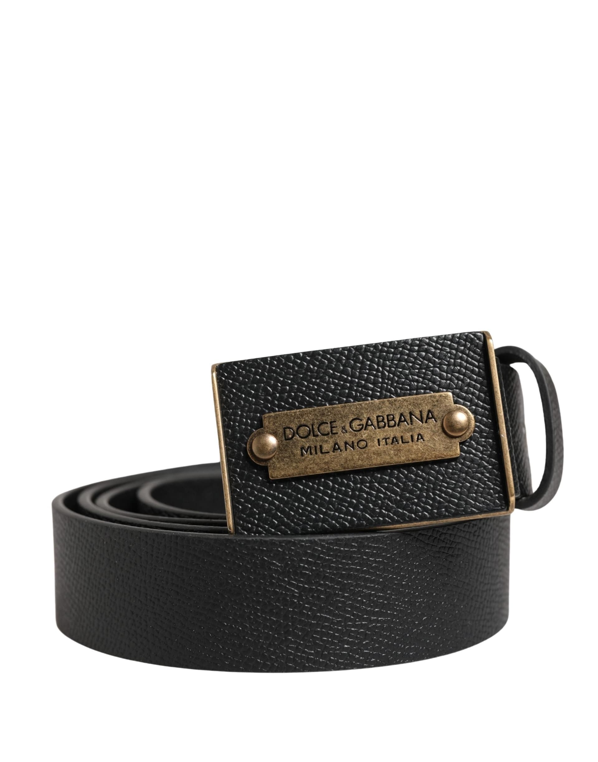 Dolce & Gabbana Men Black Calf Leather Metal Buckle Belt - 2