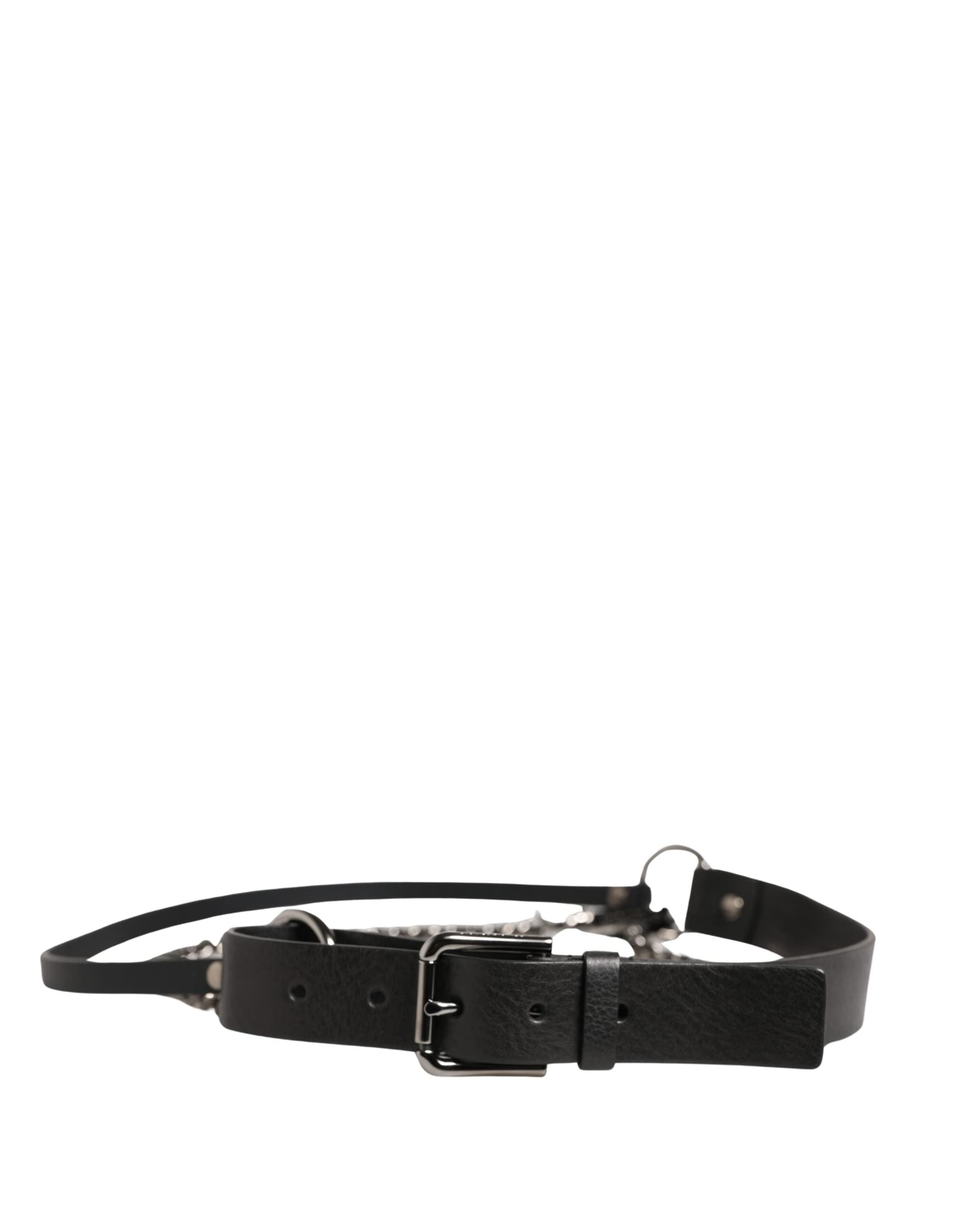 Dolce & Gabbana Black Leather Silver Chain Waist Men Belt - 5