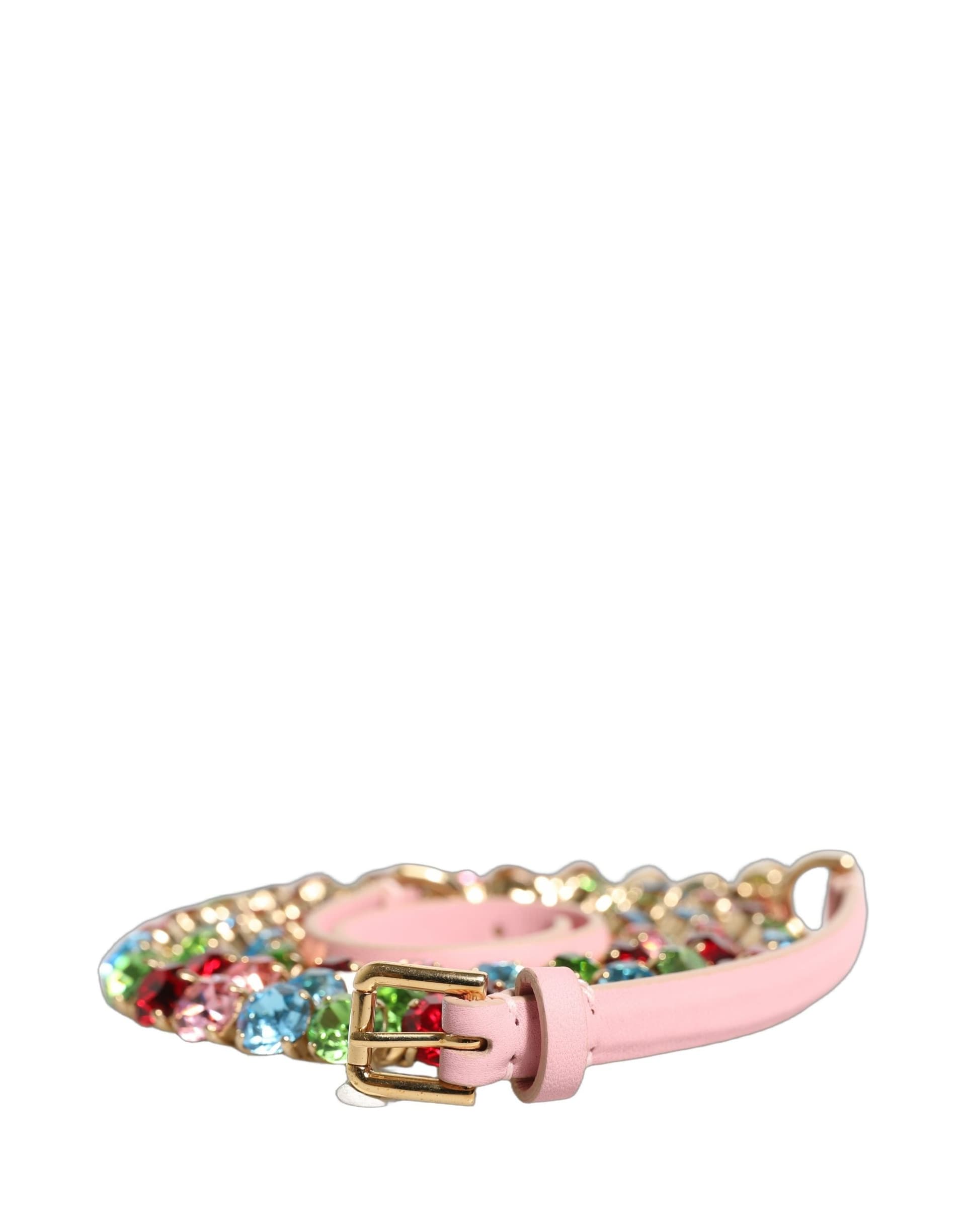 Dolce & Gabbana Pink Leather Crystal Chain Embellished Belt - 2