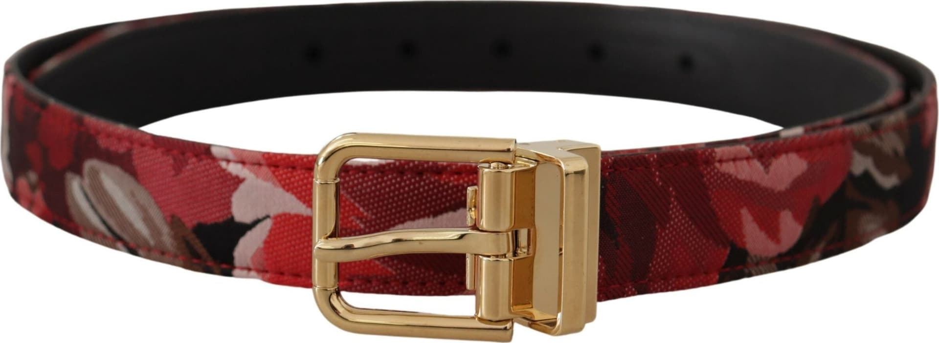 Dolce & Gabbana Red Jacquard Rose Leather Gold Metal Buckle Belt - 3