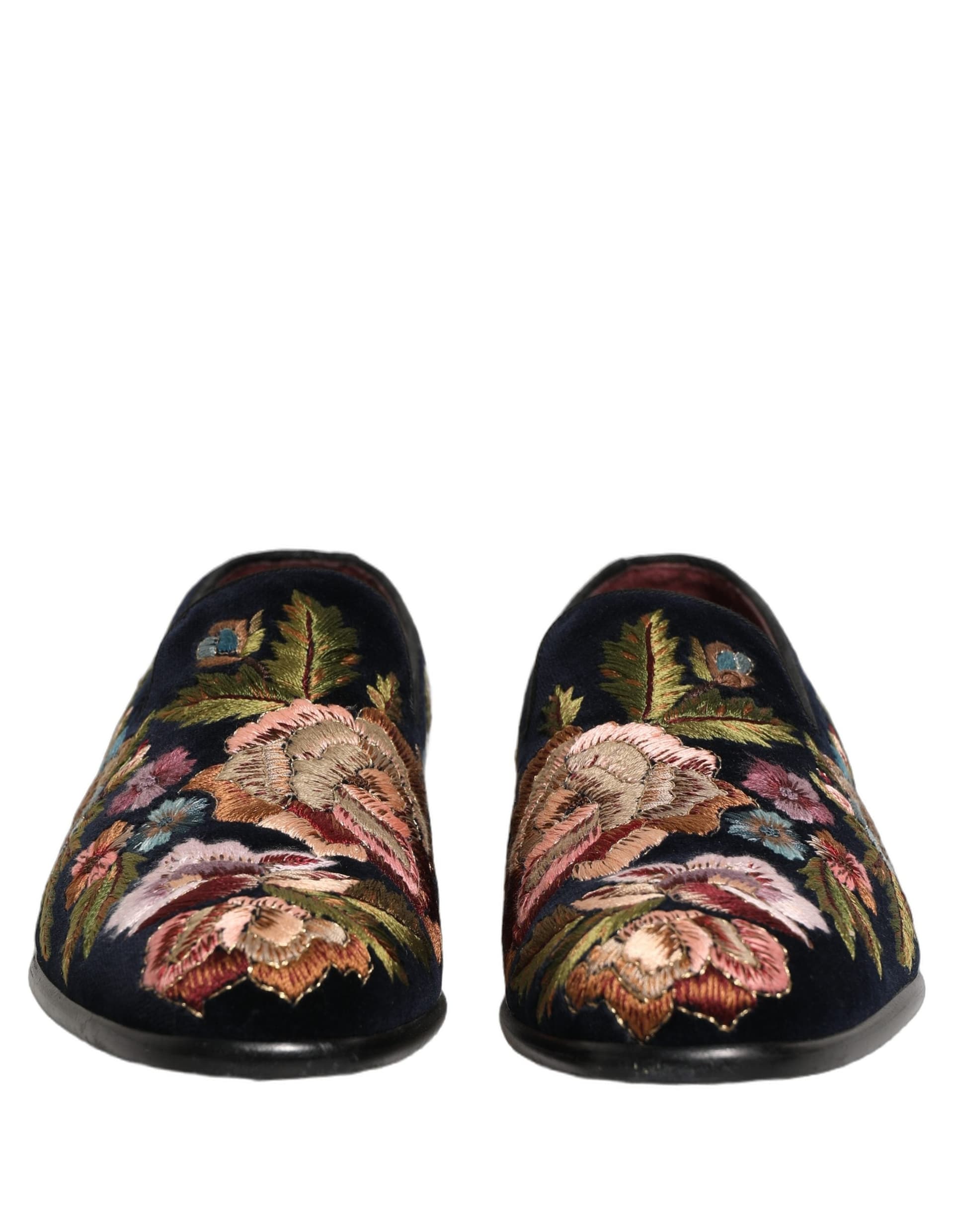 Dolce & Gabbana Black Velvet Floral Embroidery Loafers Shoes - 2