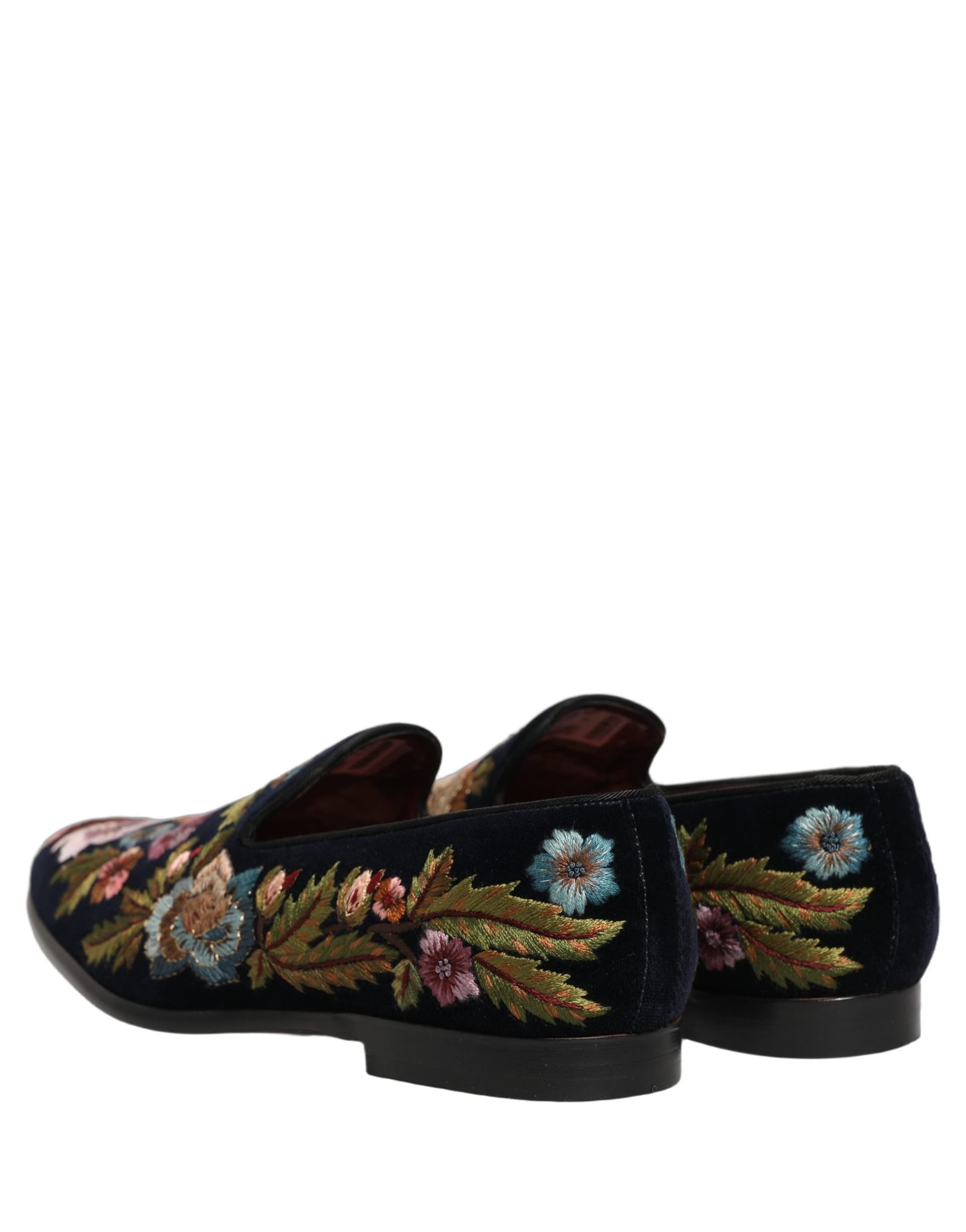Dolce & Gabbana Black Velvet Floral Embroidery Loafers Shoes - 5