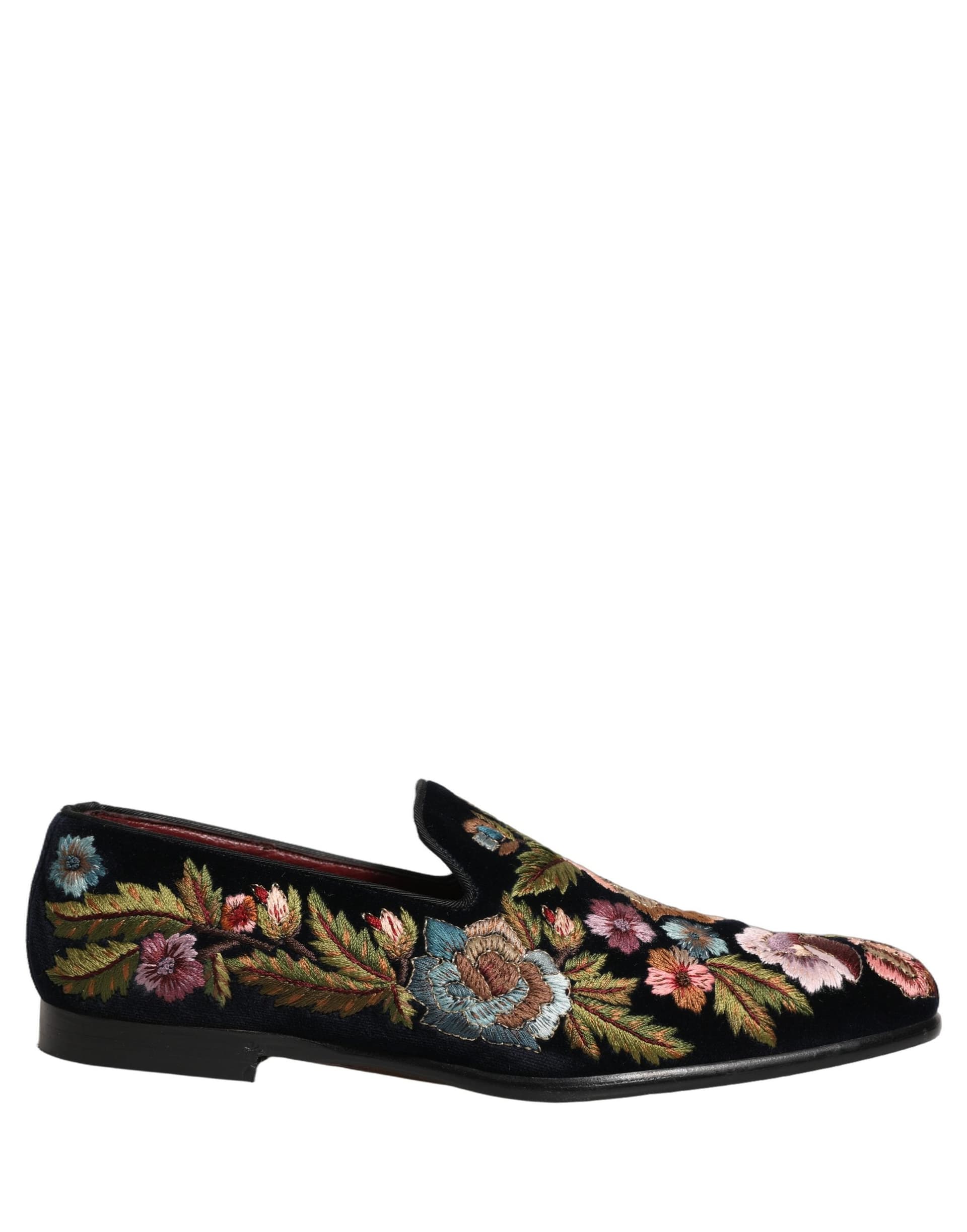 Dolce & Gabbana Black Velvet Floral Embroidery Loafers Shoes - 8