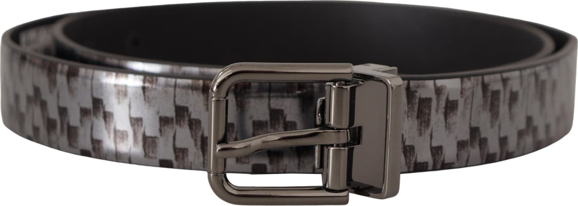 Dolce & Gabbana Gray Herringbone Leather Gray 3D Metal Buckle Belt - 3
