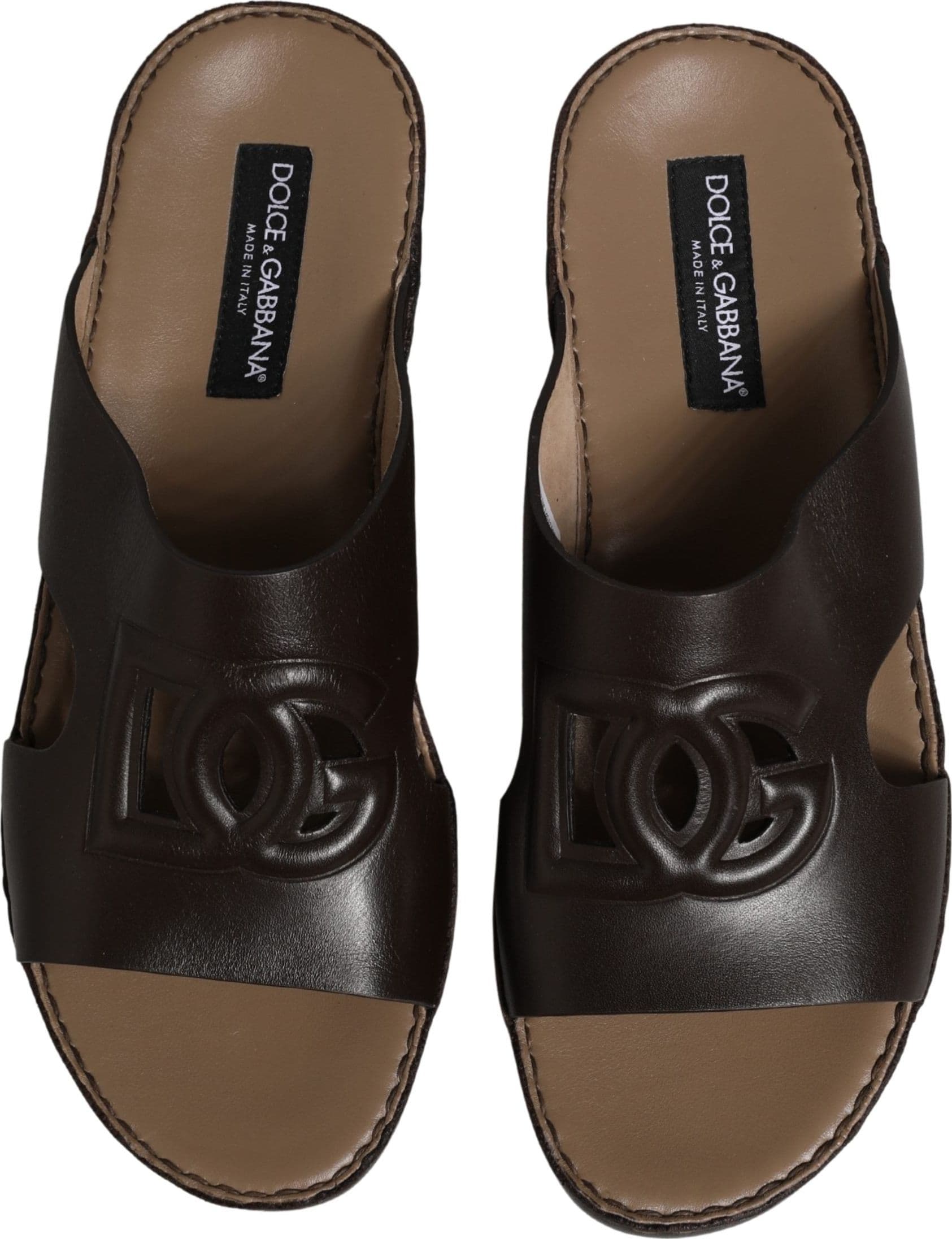 Dolce & Gabbana Brown Leather Cutout DG Logo Sandals Shoes - 7